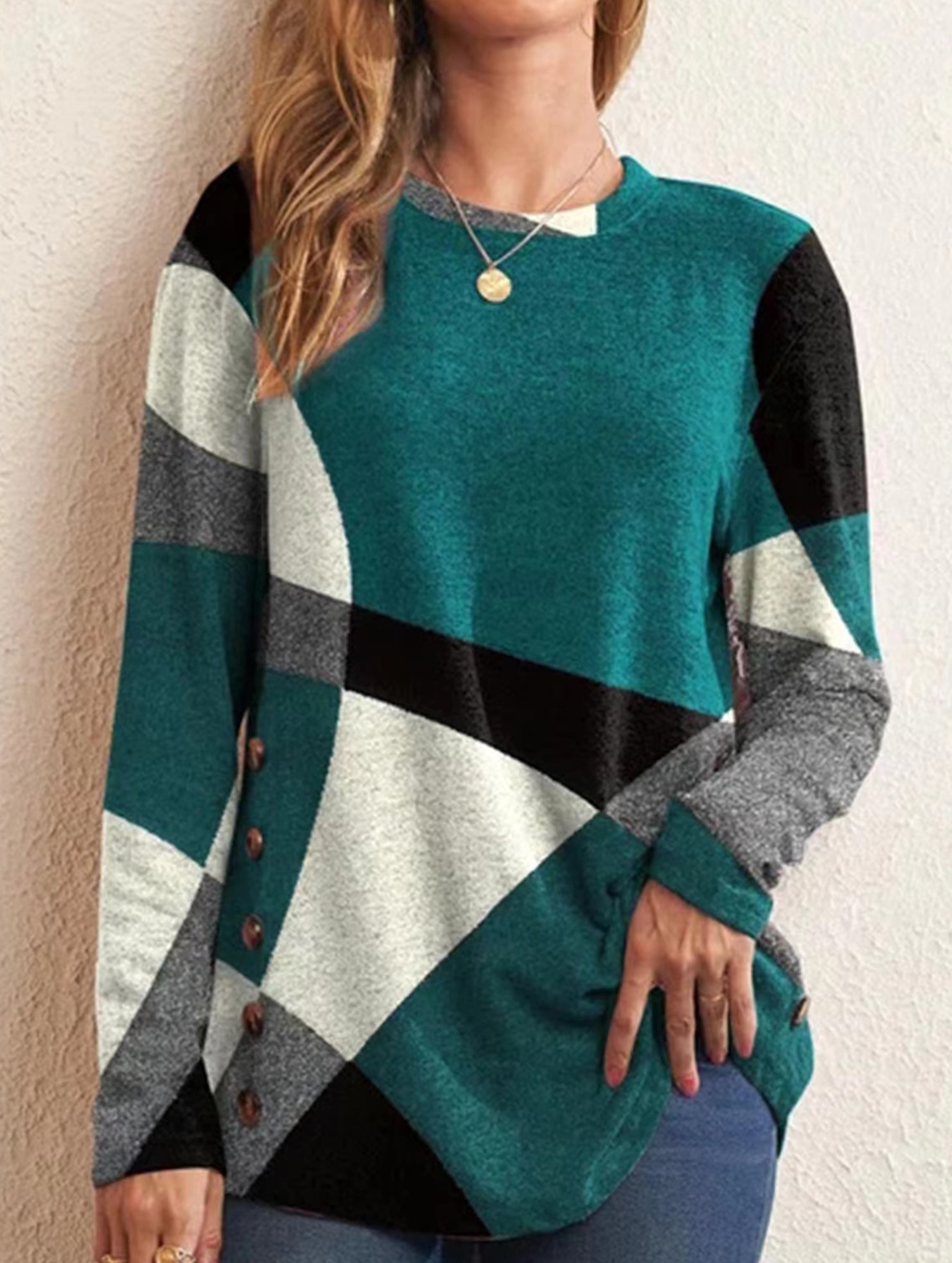 Contrast print long-sleeved T-shirt top
