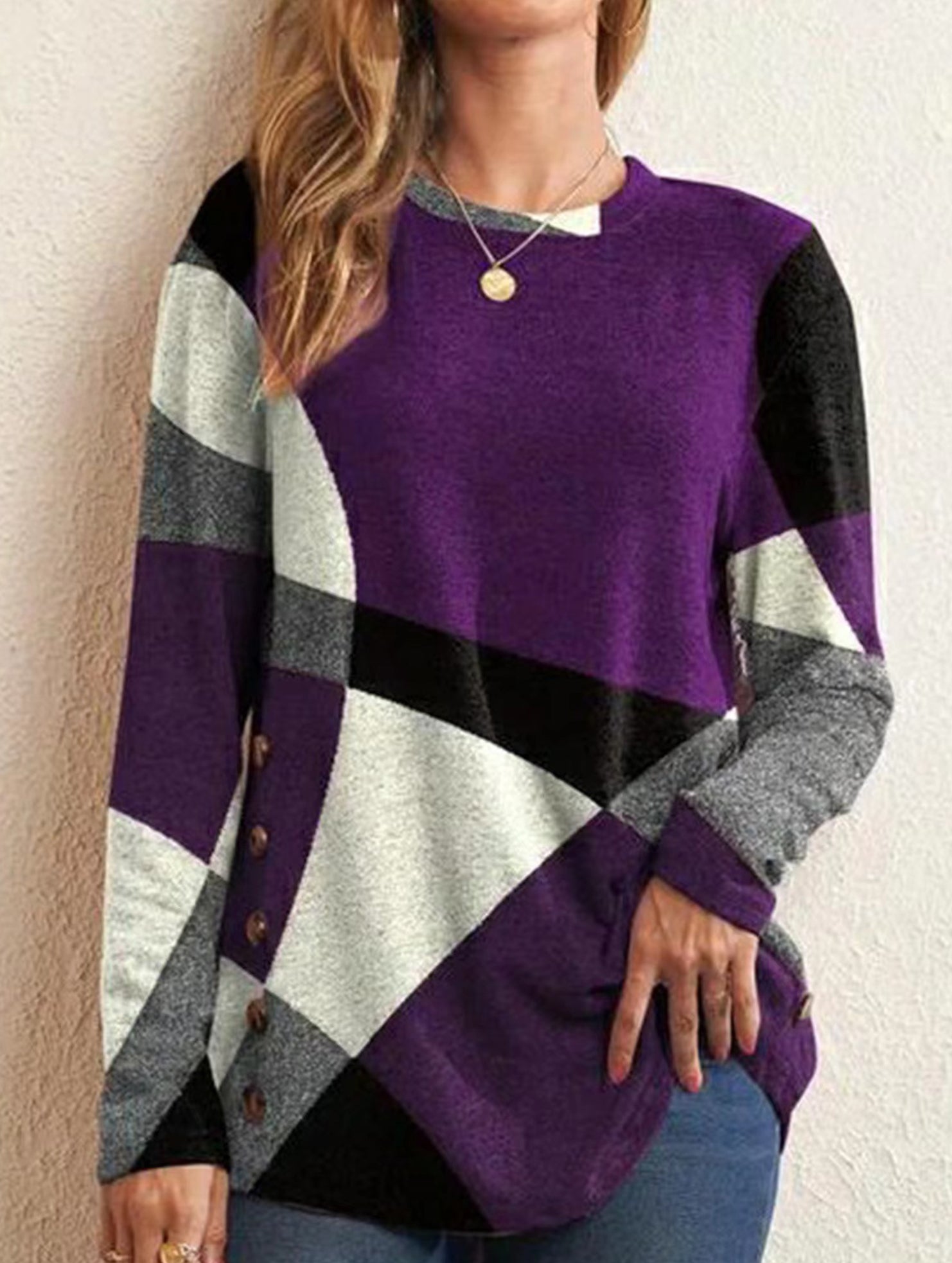 Contrast print long-sleeved T-shirt top