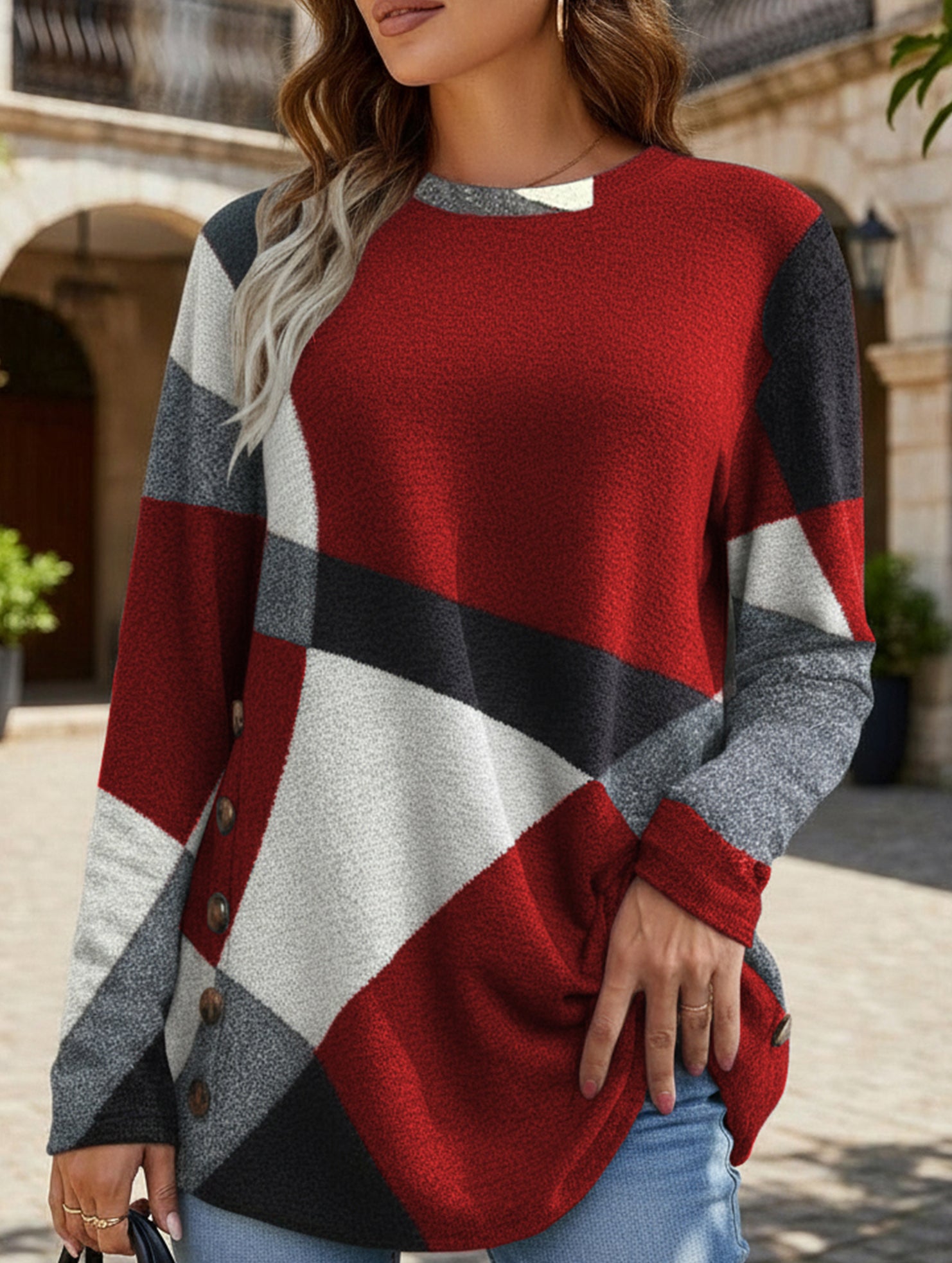 Contrast print long-sleeved T-shirt top