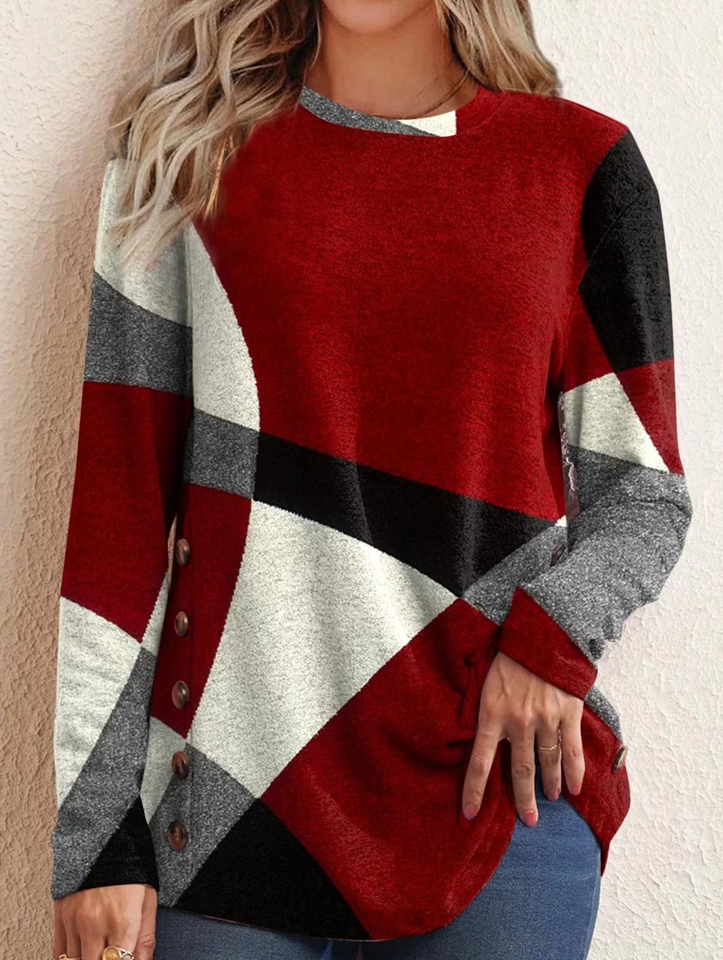 Contrast print long-sleeved T-shirt top