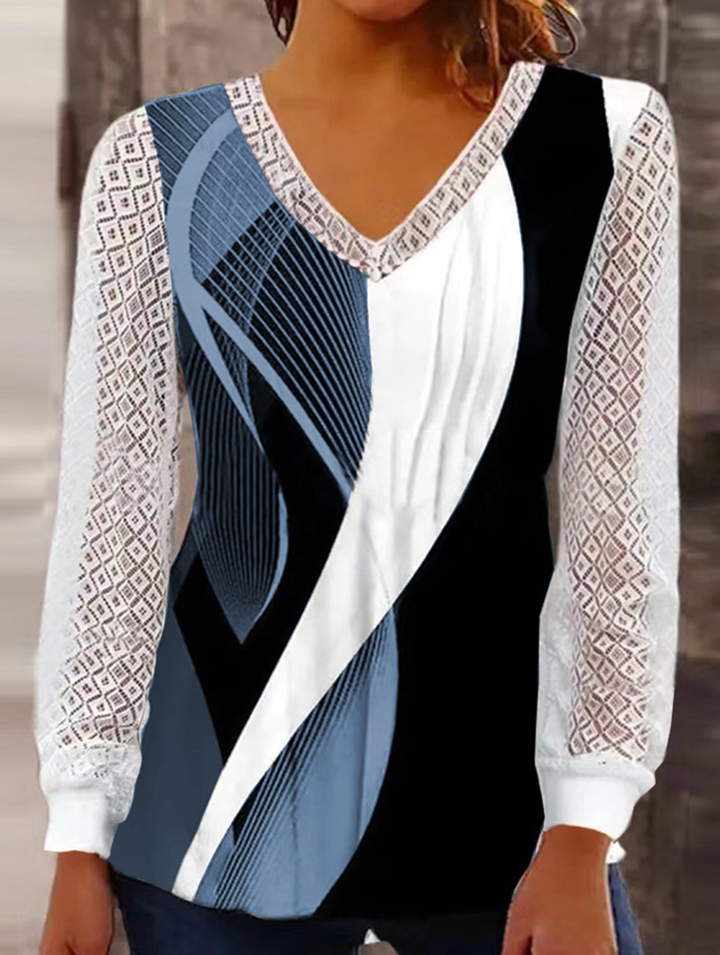 V-neck loose printed hollow lace top