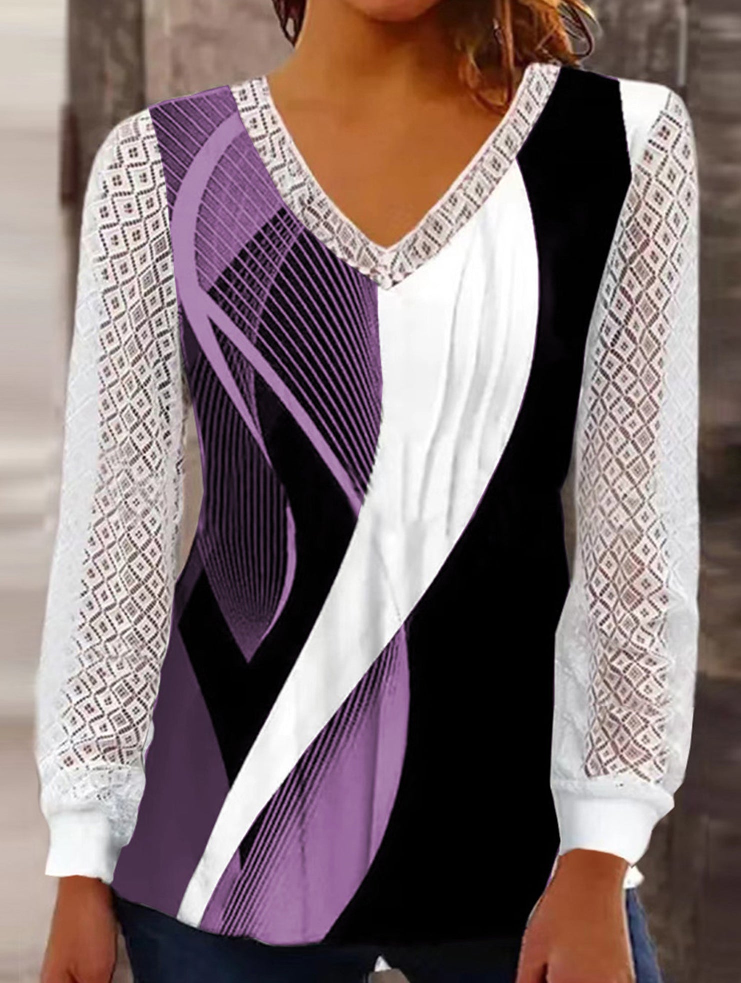 V-neck loose printed hollow lace top