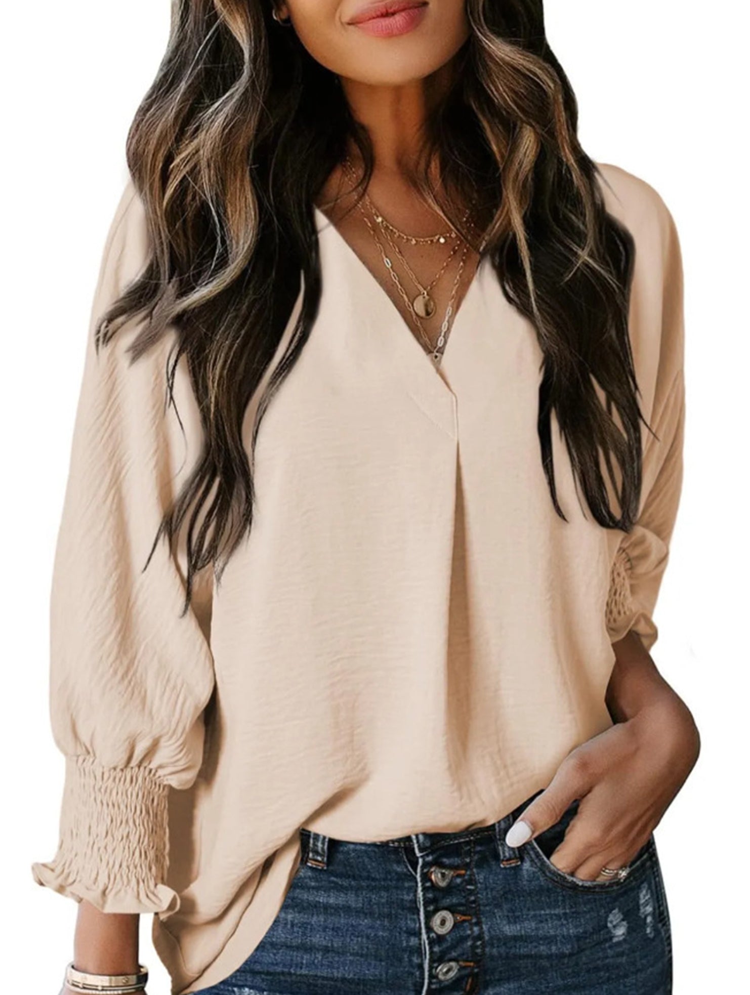 V-neck casual long-sleeved loose shirt top