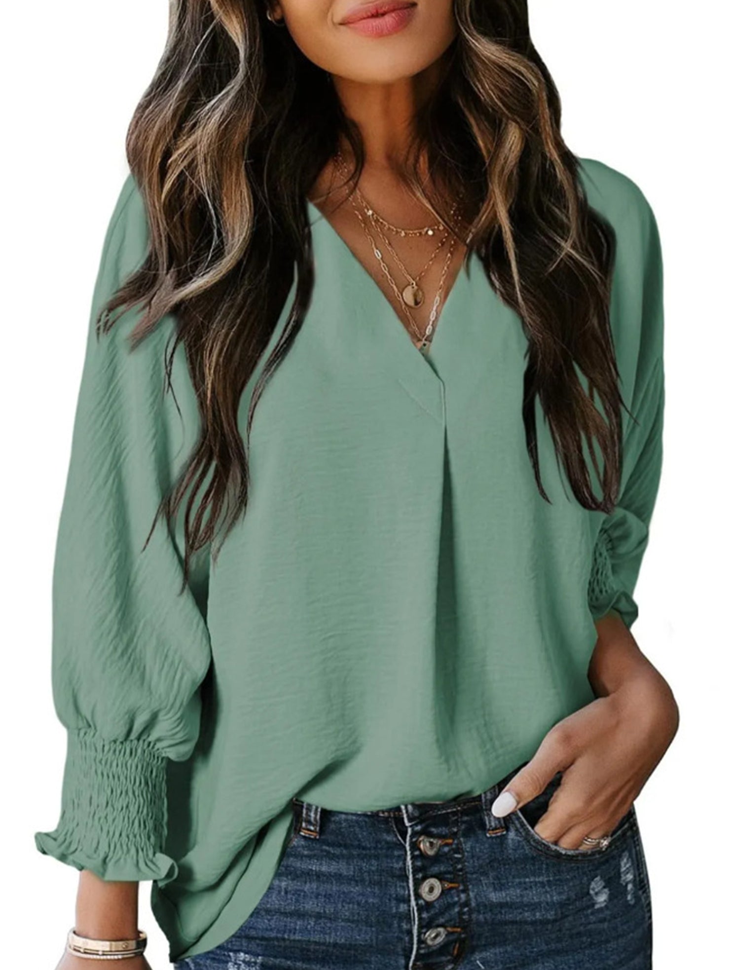 V-neck casual long-sleeved loose shirt top