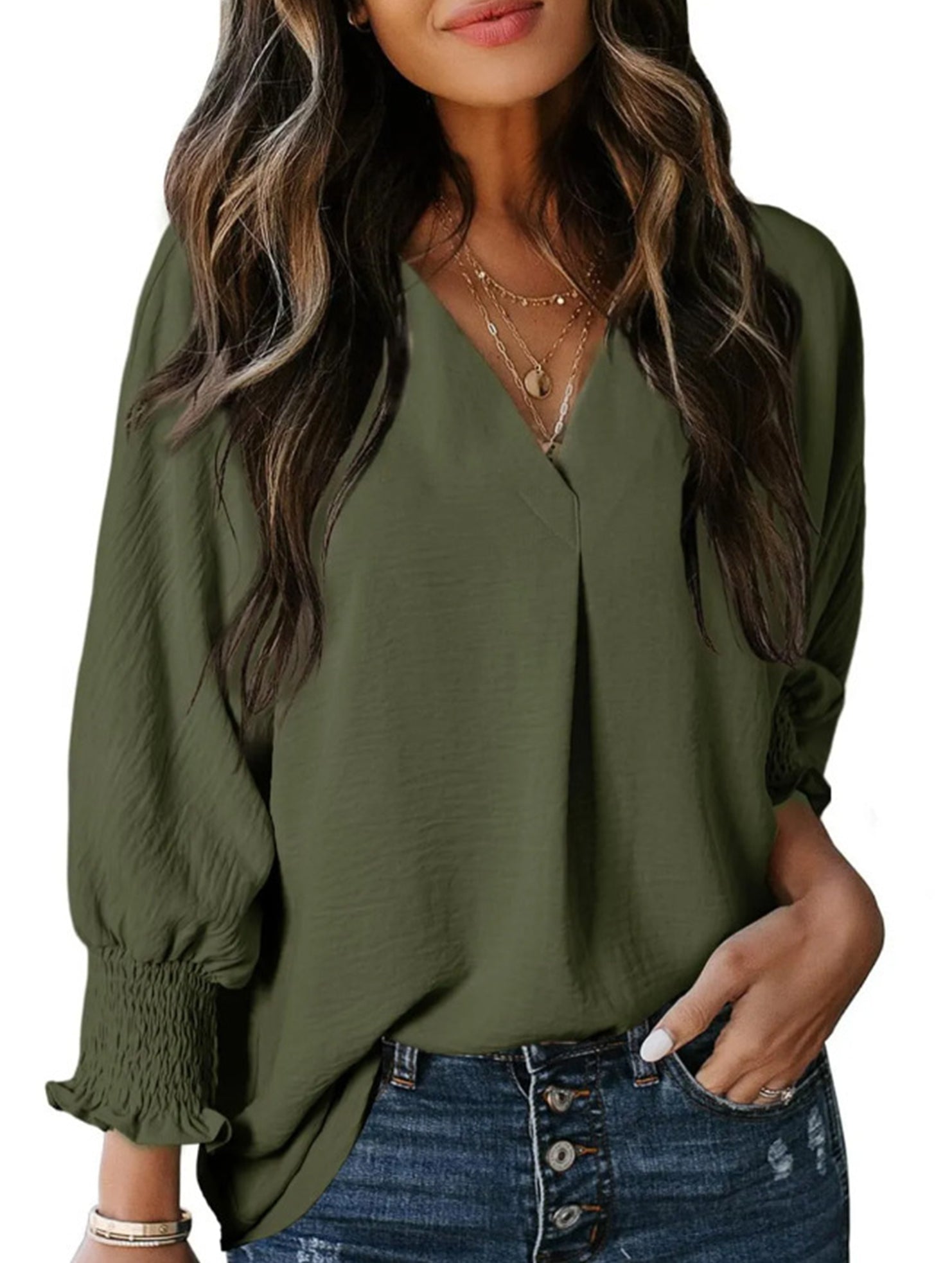 V-neck casual long-sleeved loose shirt top