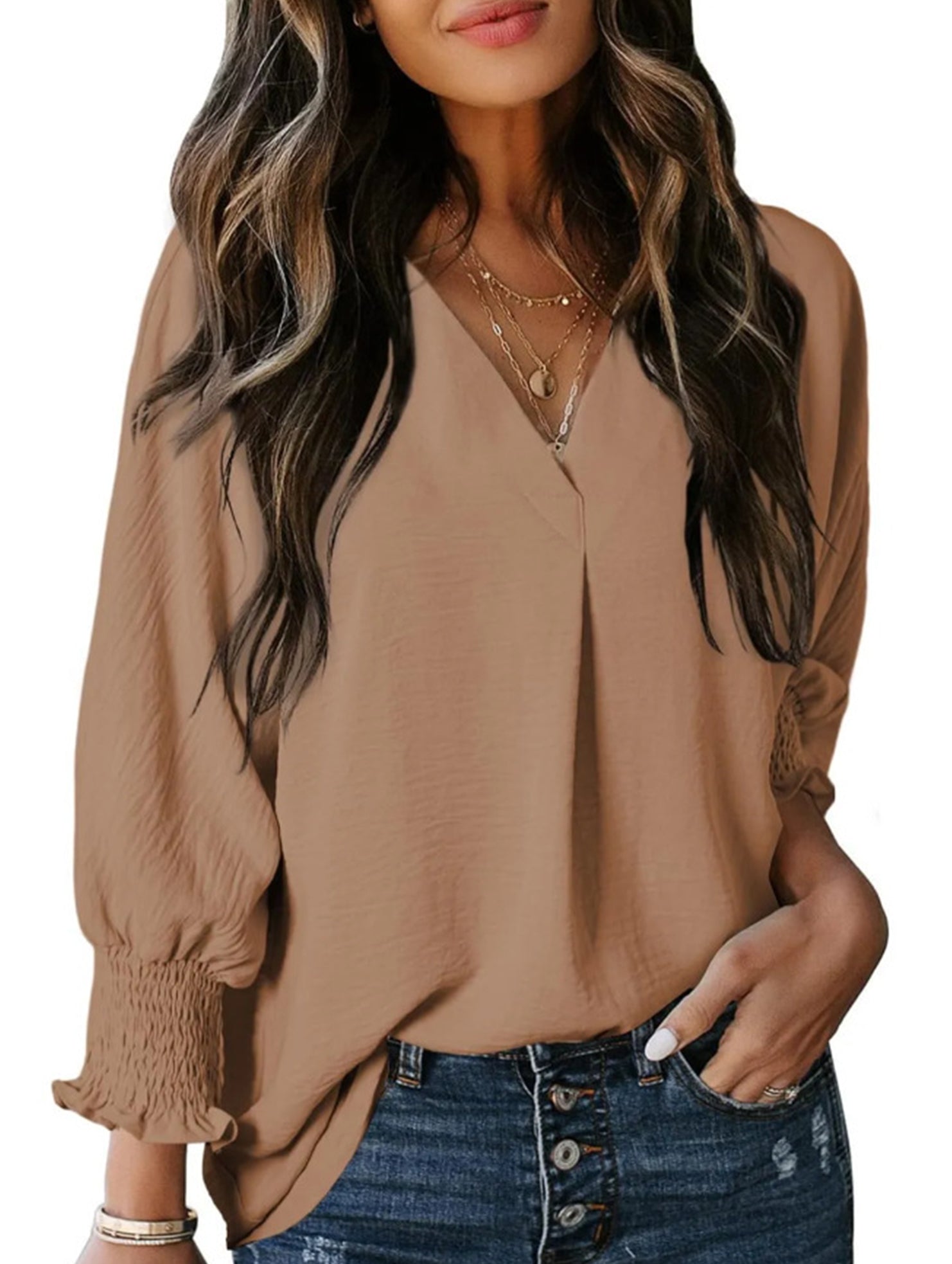 V-neck casual long-sleeved loose shirt top