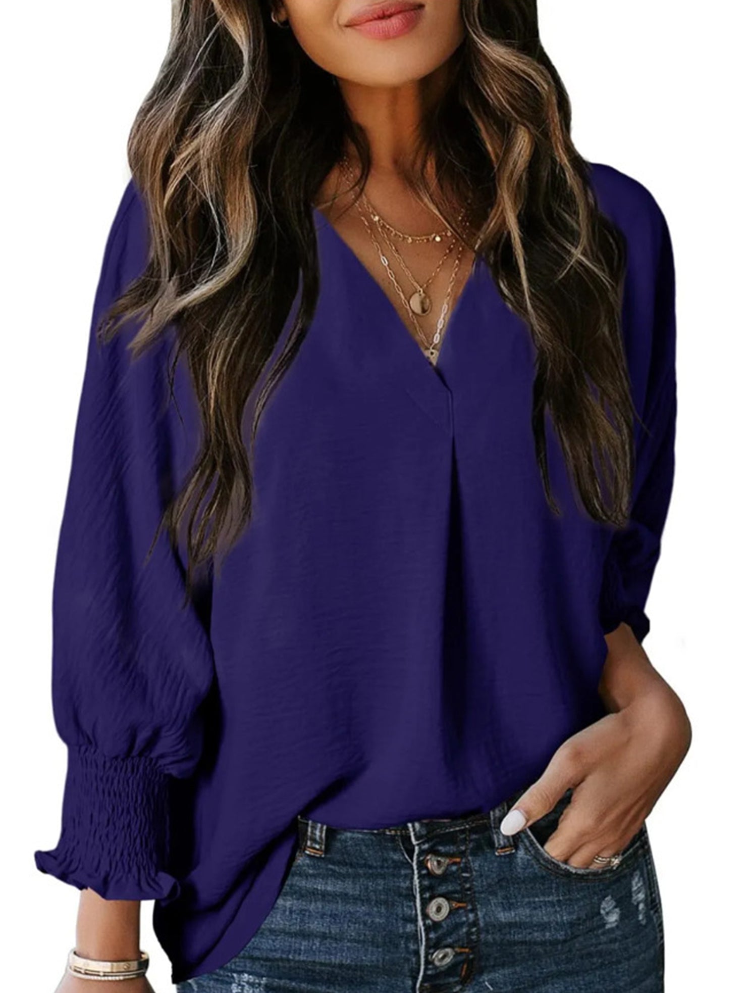 V-neck casual long-sleeved loose shirt top