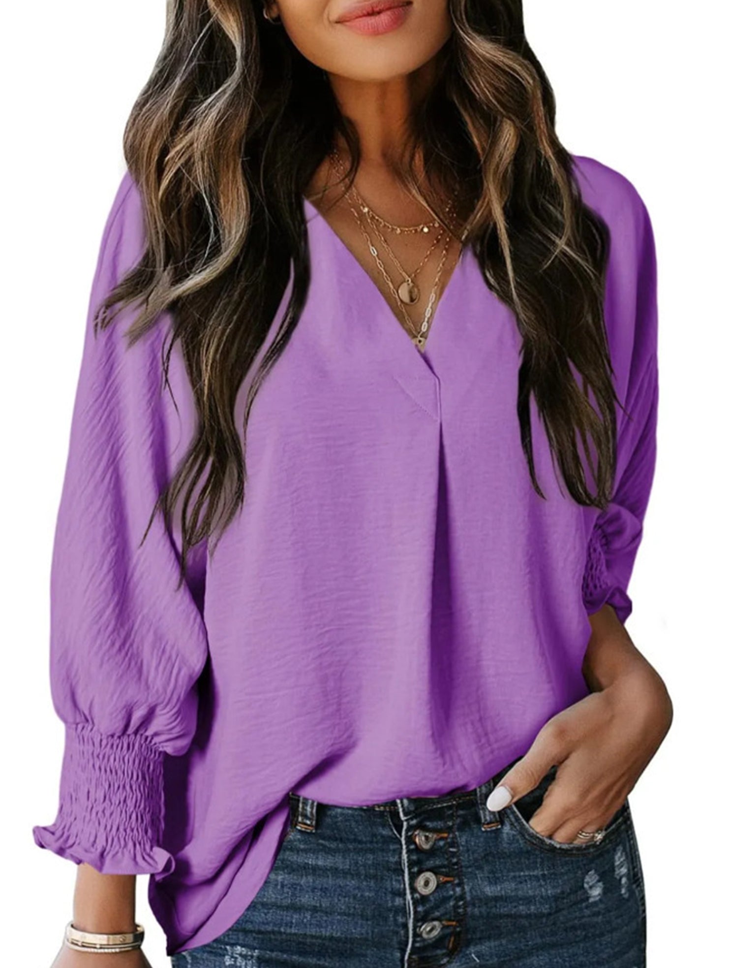 V-neck casual long-sleeved loose shirt top
