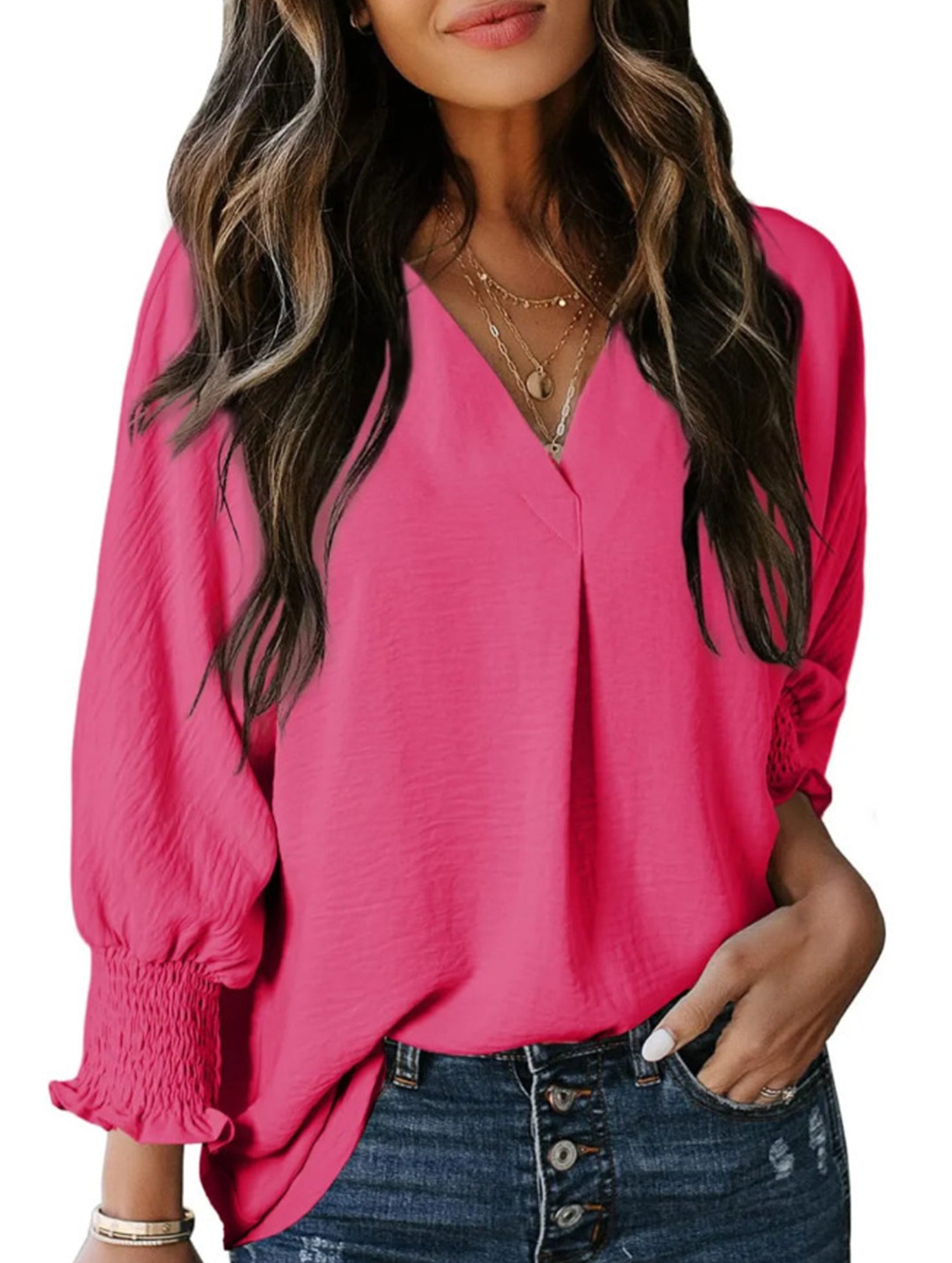 V-neck casual long-sleeved loose shirt top