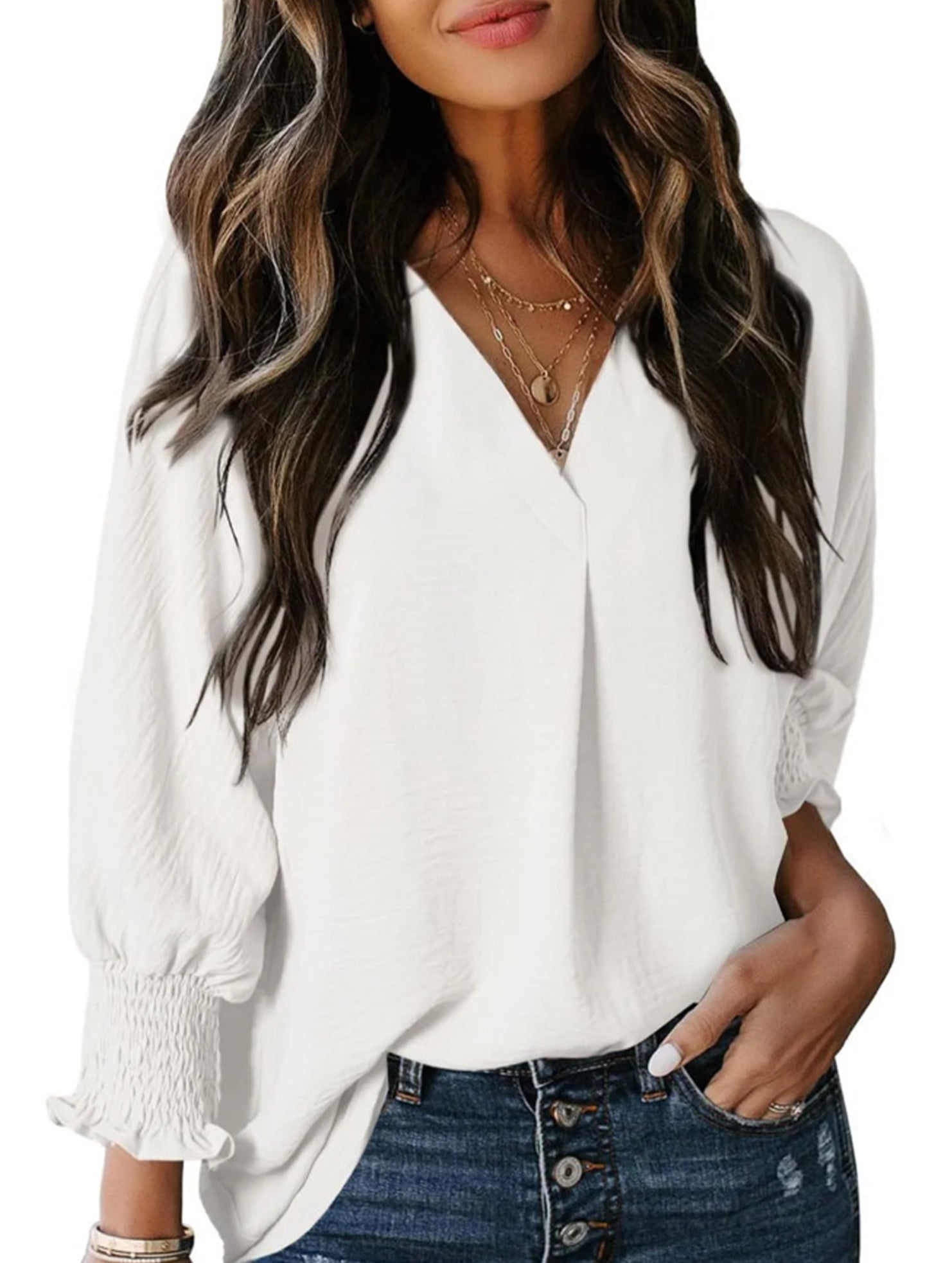 V-neck casual long-sleeved loose shirt top