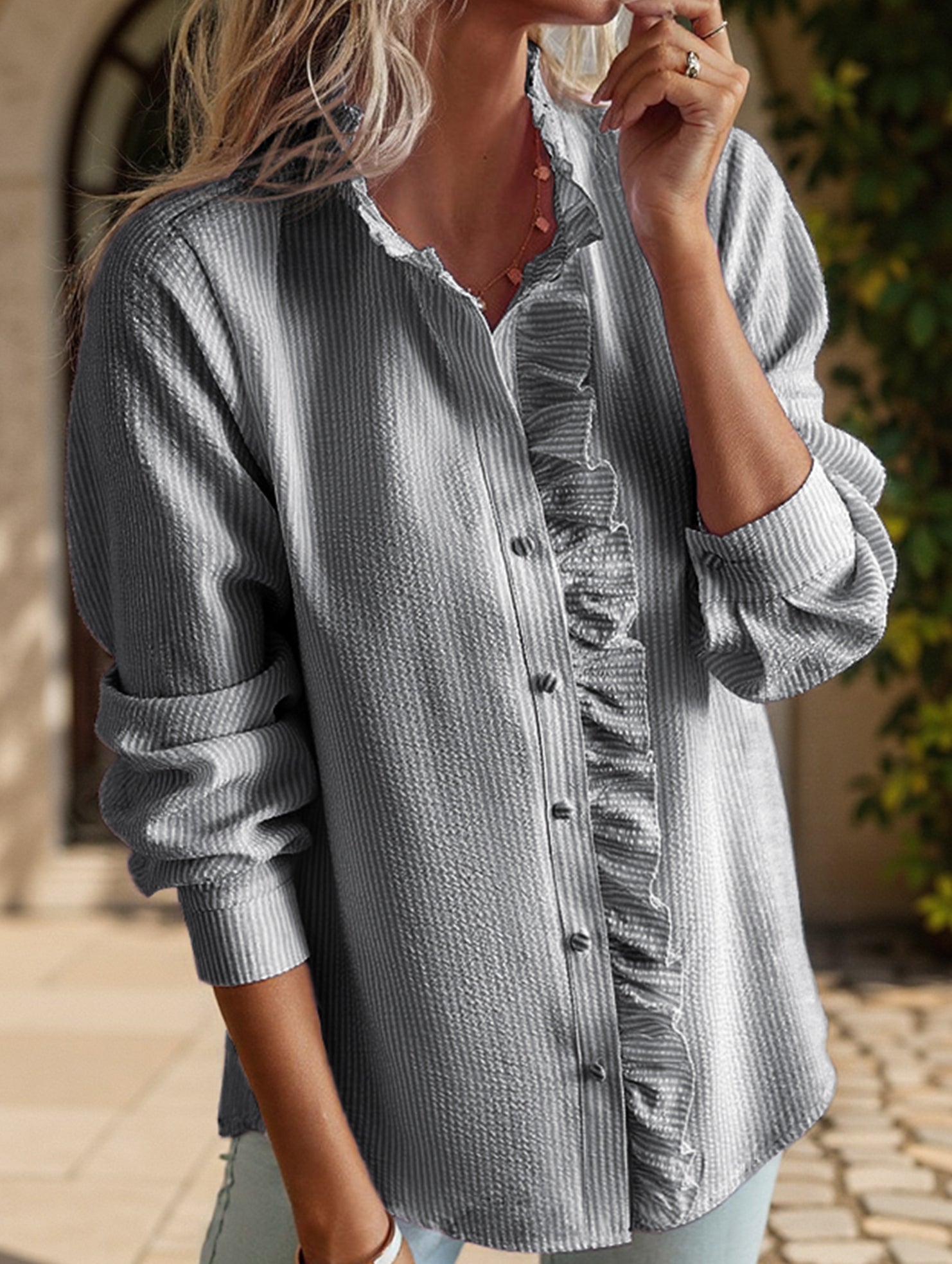 ruffled long-sleeved puff top