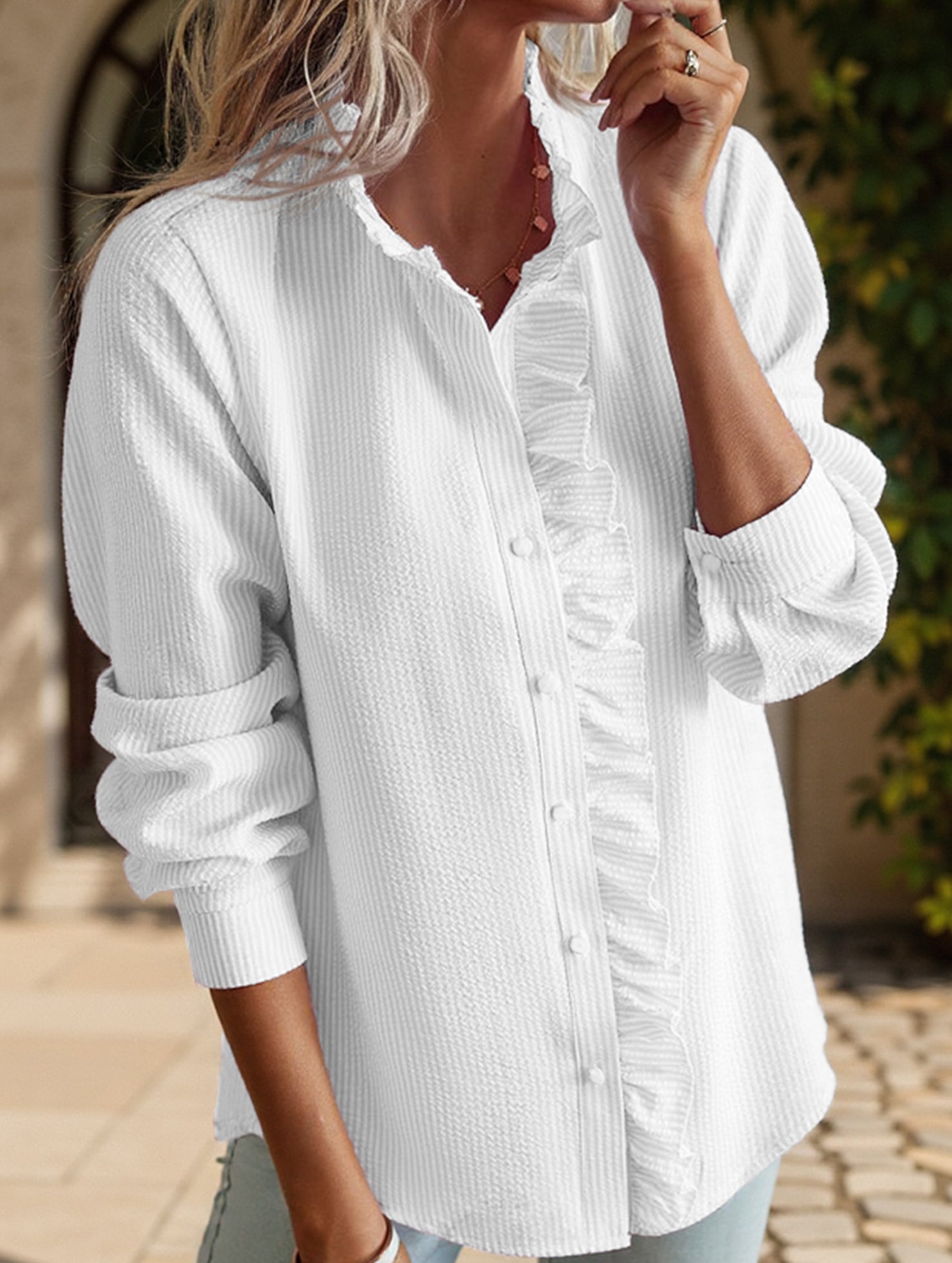ruffled long-sleeved puff top