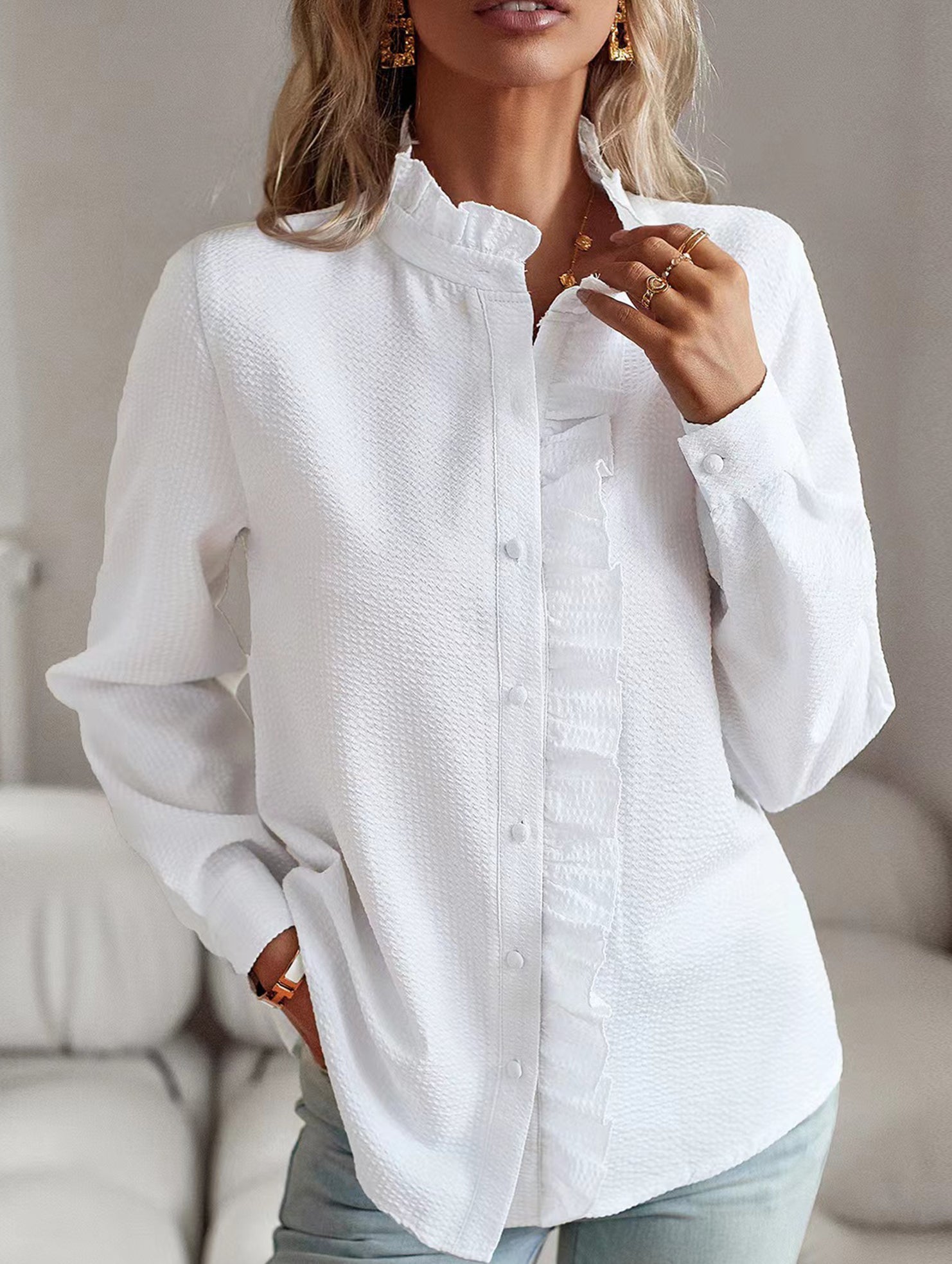 ruffled long-sleeved puff top