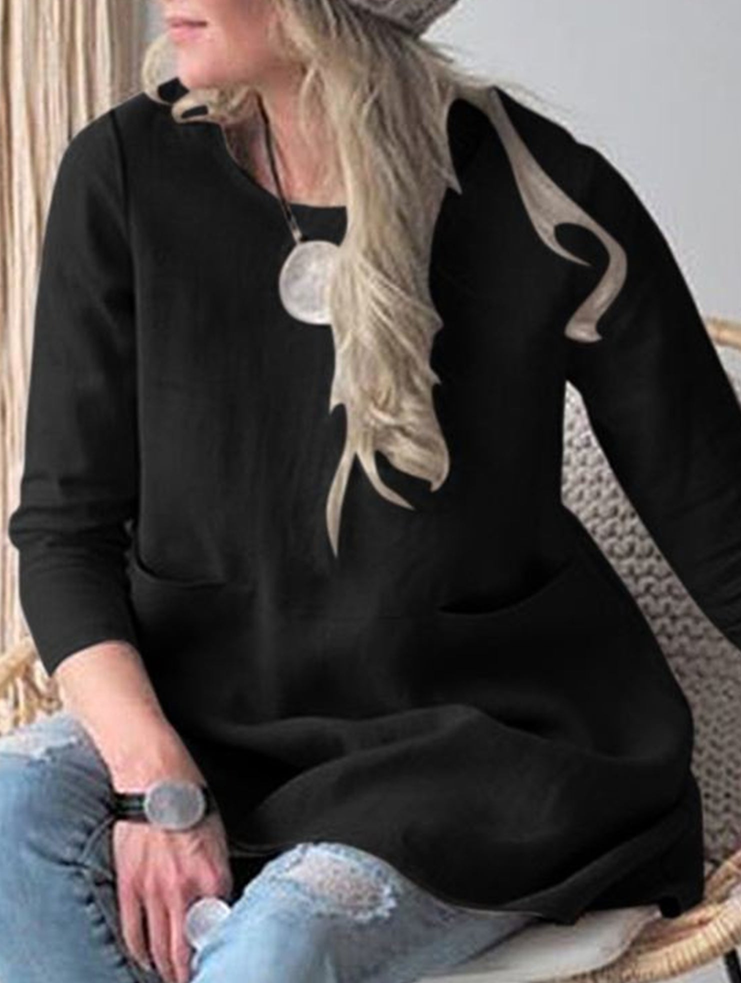 Loose round neck three-quarter sleeve dress top