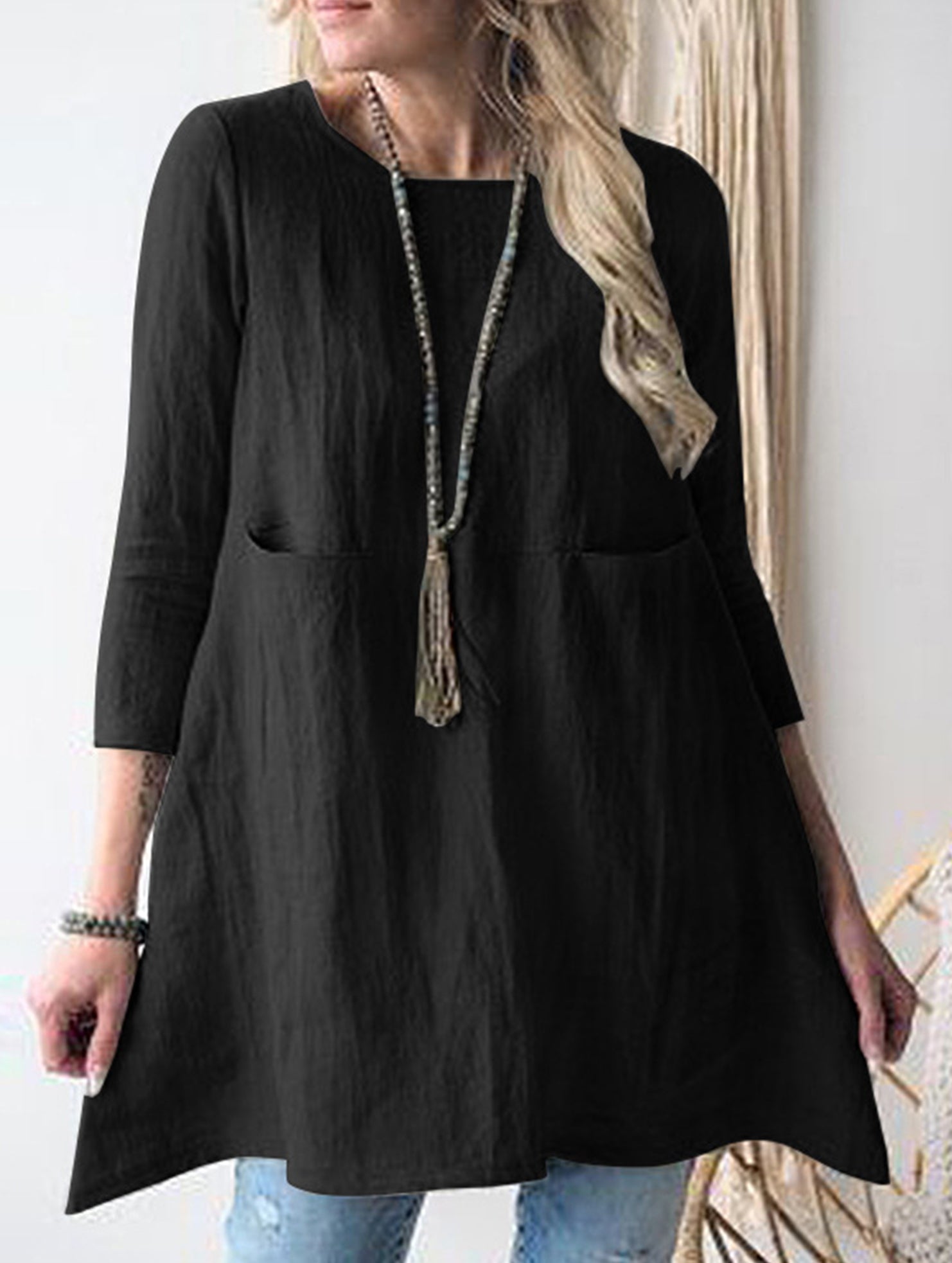 Loose round neck three-quarter sleeve dress top