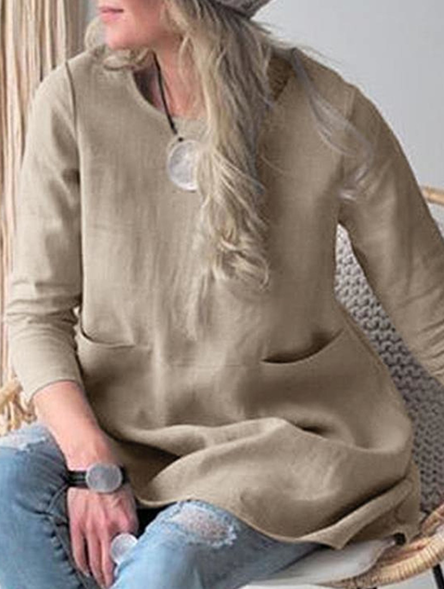 Loose round neck three-quarter sleeve dress top