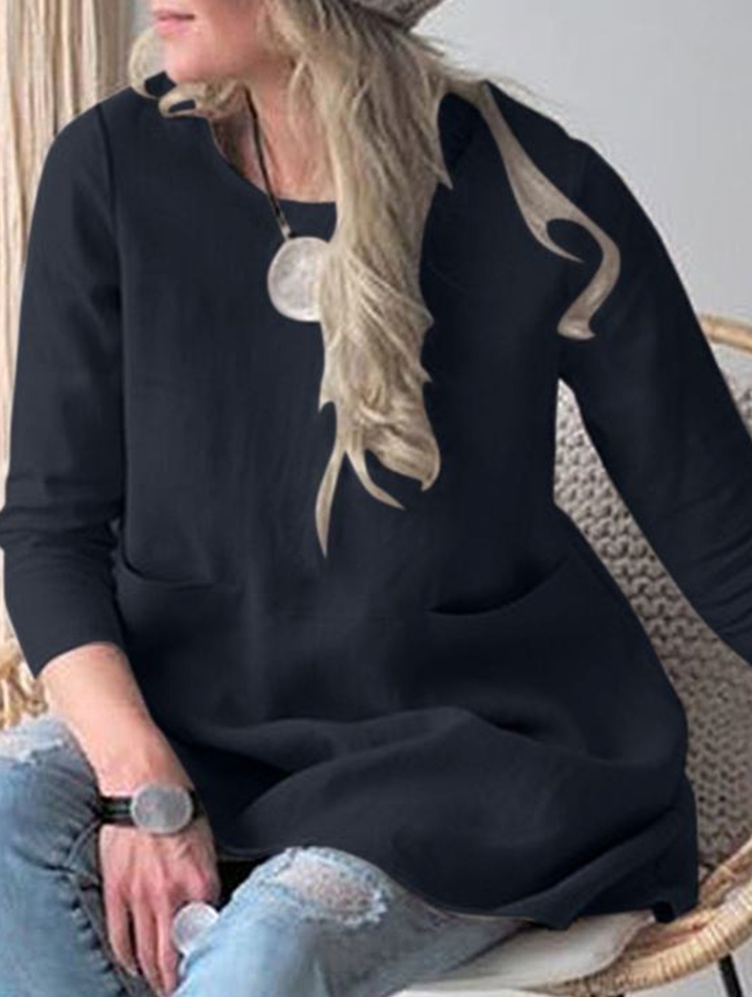 Loose round neck three-quarter sleeve dress top