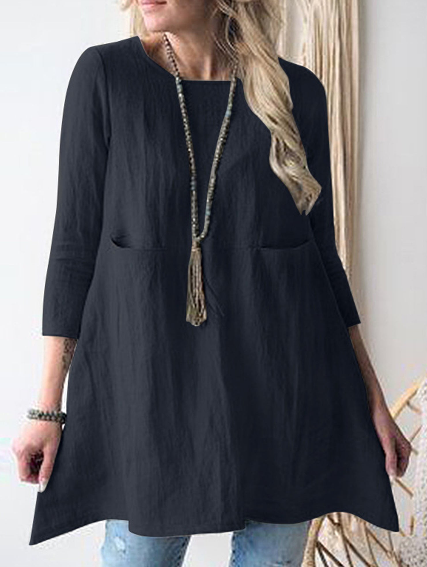Loose round neck three-quarter sleeve dress top