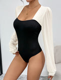 Paneled knitted long-sleeved slim-fit bodysuit
