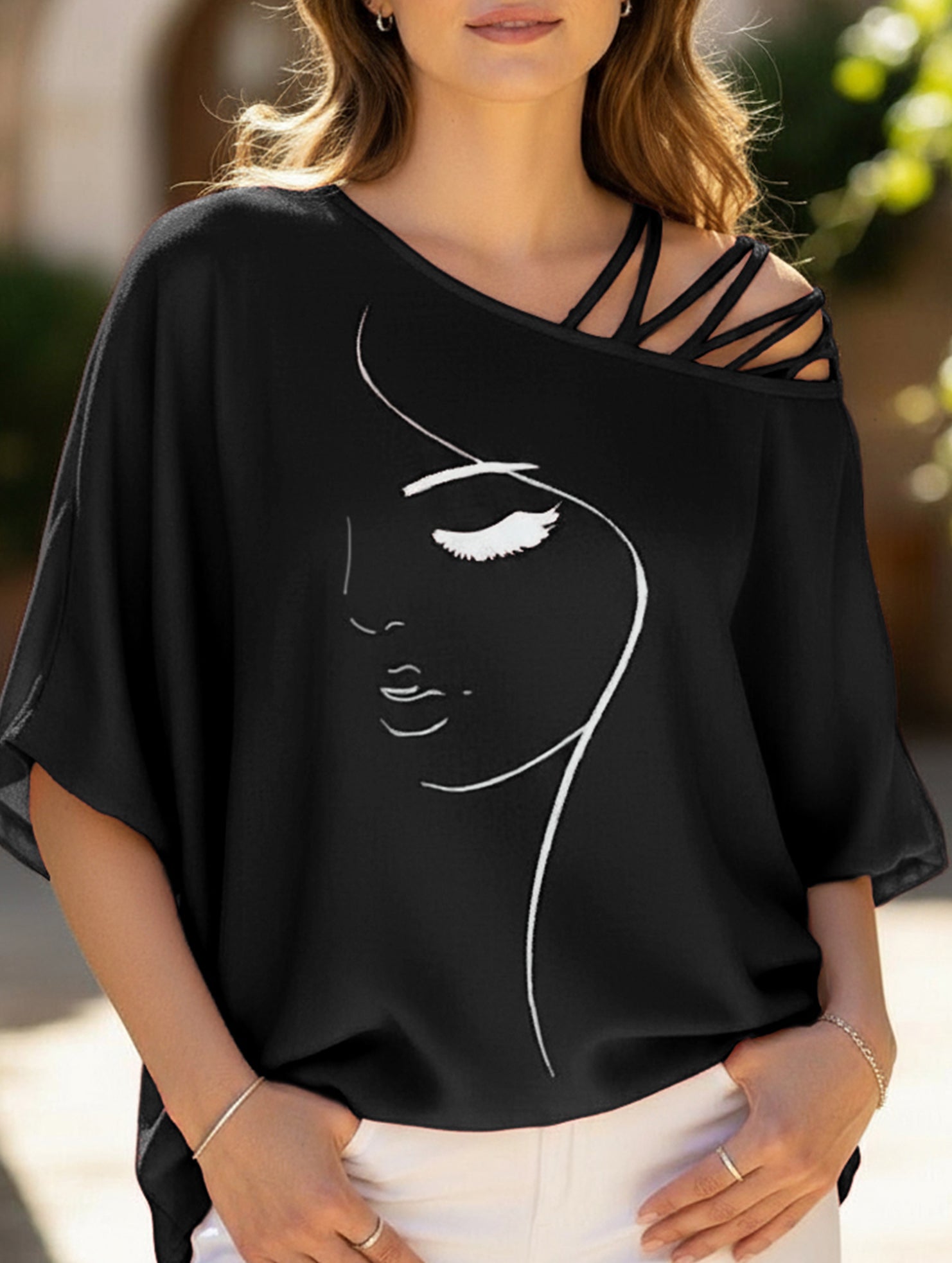 Fashionable patchwork loose oblique collar T-shirt