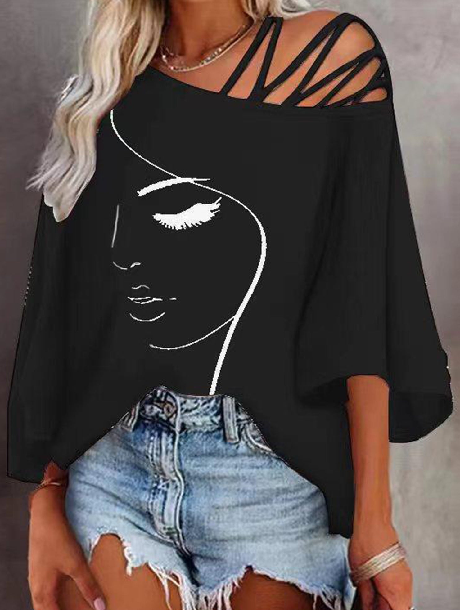 Fashionable patchwork loose oblique collar T-shirt