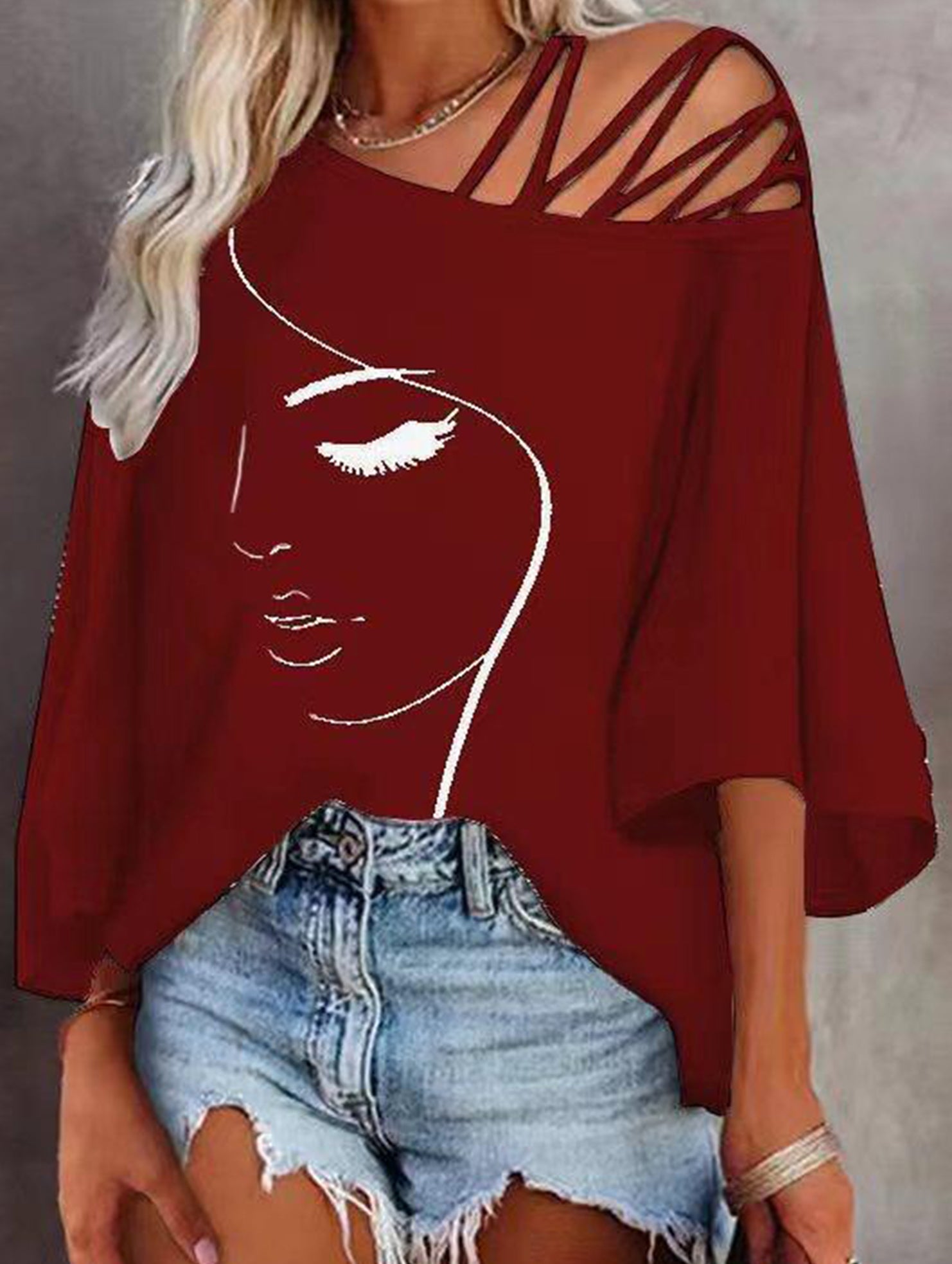 Fashionable patchwork loose oblique collar T-shirt