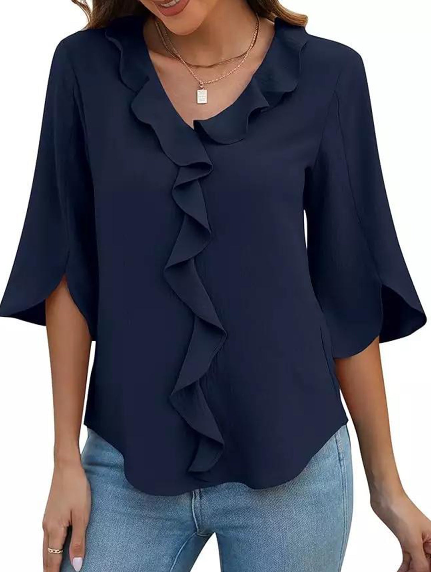 Loose commuter V-neck ruffled shirt