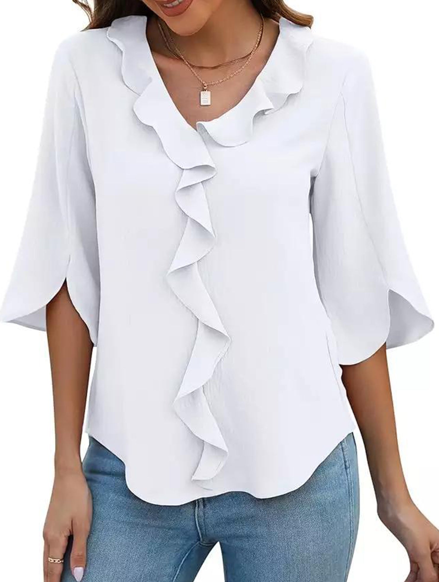 Loose commuter V-neck ruffled shirt