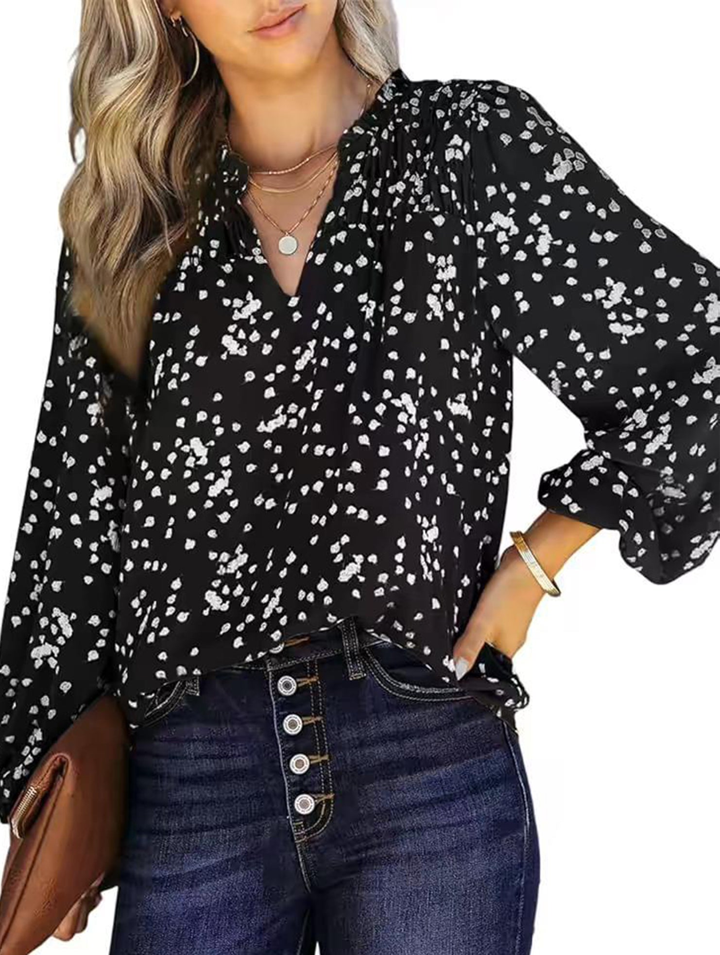 V-neck long-sleeved polka dot print pleated shirt