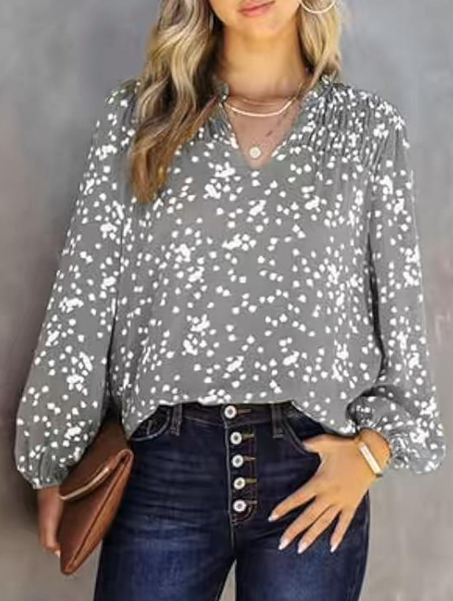 V-neck long-sleeved polka dot print pleated shirt