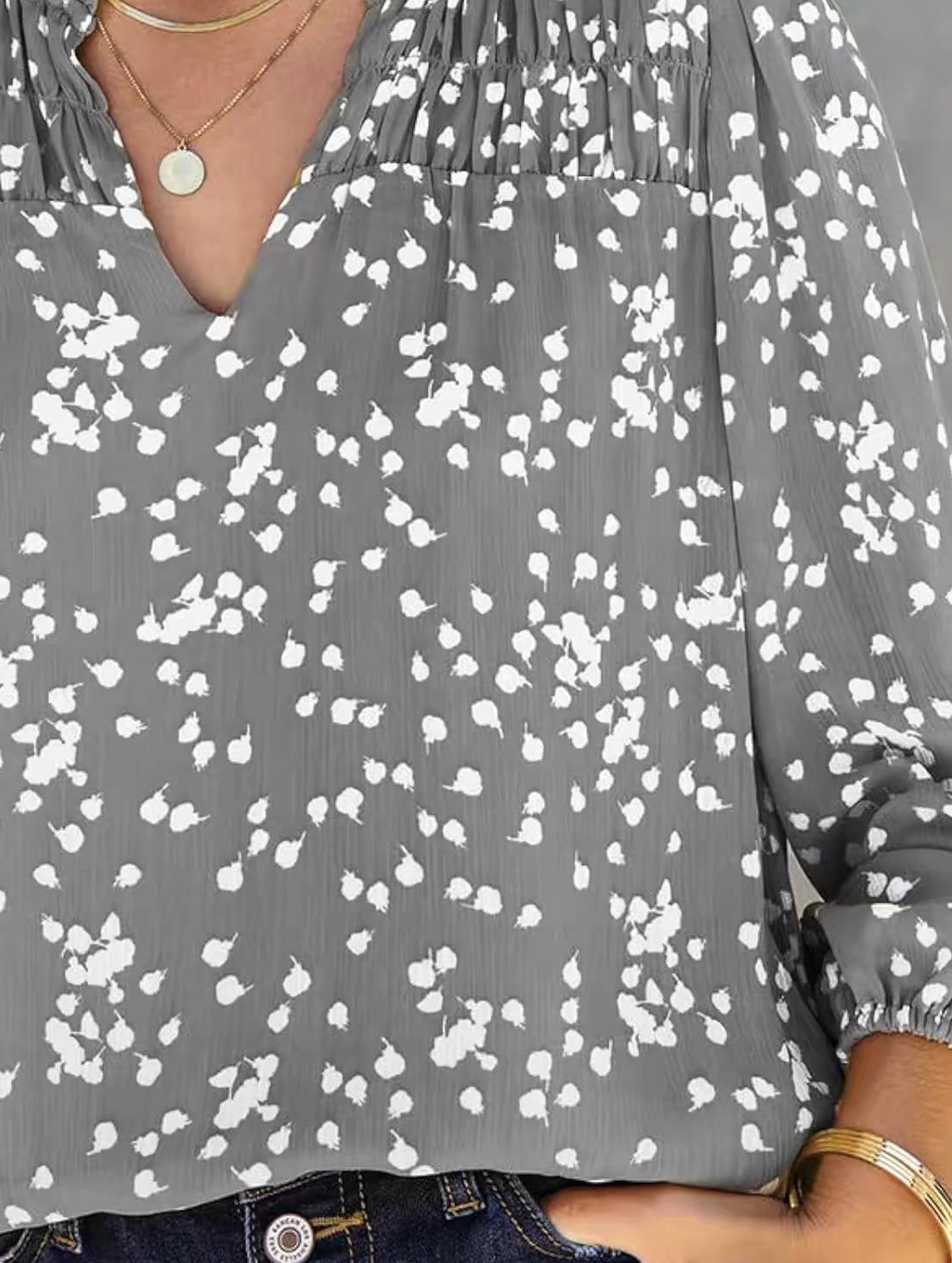 V-neck long-sleeved polka dot print pleated shirt