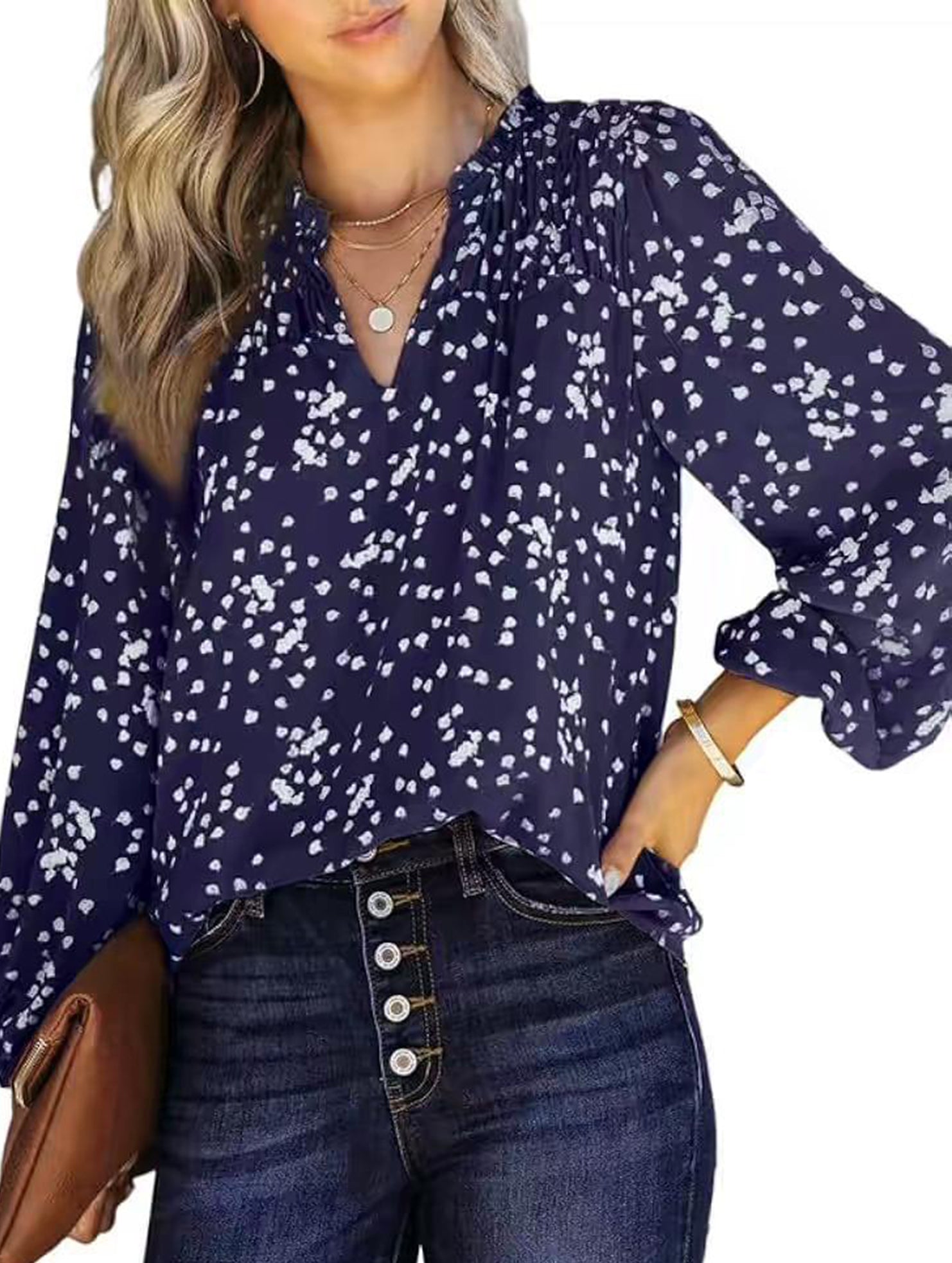 V-neck long-sleeved polka dot print pleated shirt