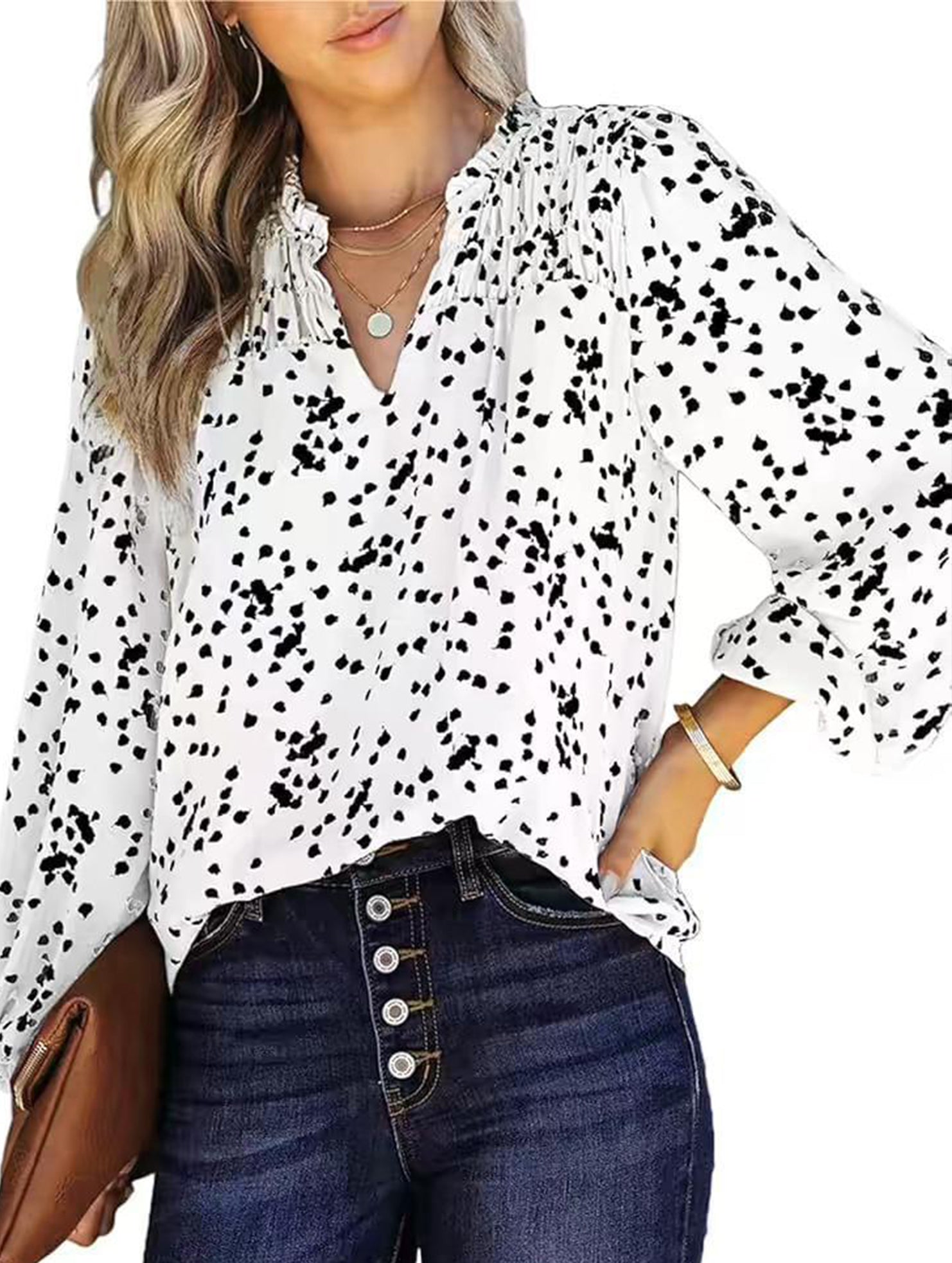 V-neck long-sleeved polka dot print pleated shirt
