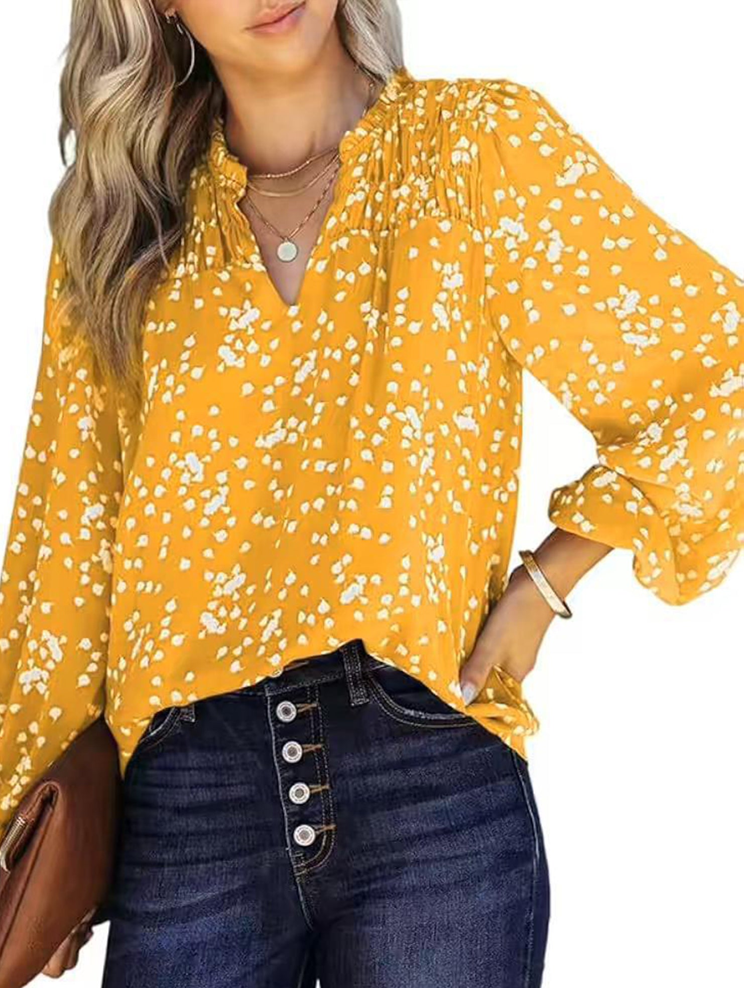 V-neck long-sleeved polka dot print pleated shirt