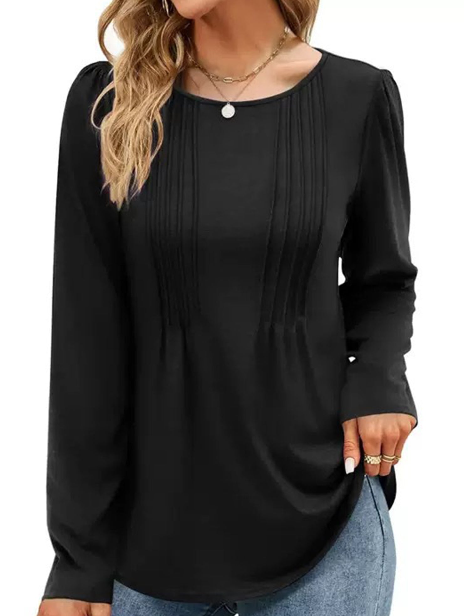 Striped solid color round neck long sleeve T-shirt