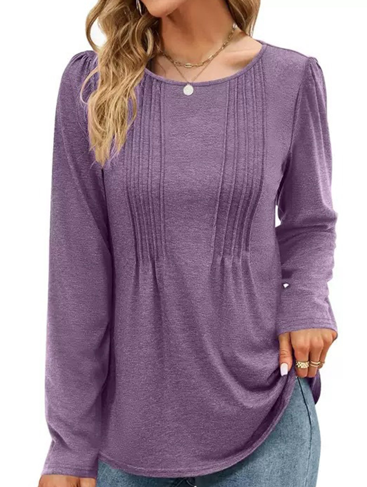 Striped solid color round neck long sleeve T-shirt