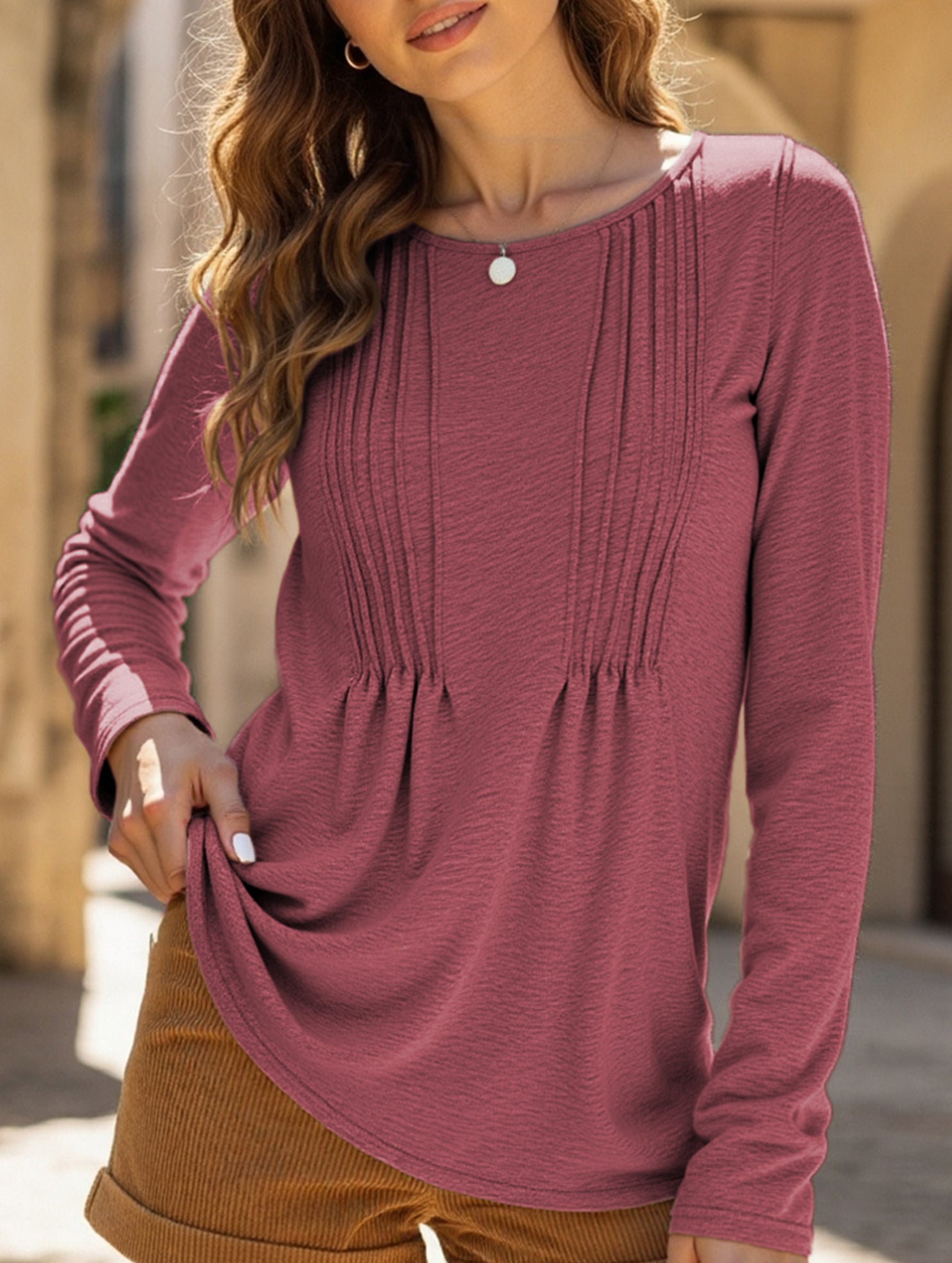 Striped solid color round neck long sleeve T-shirt