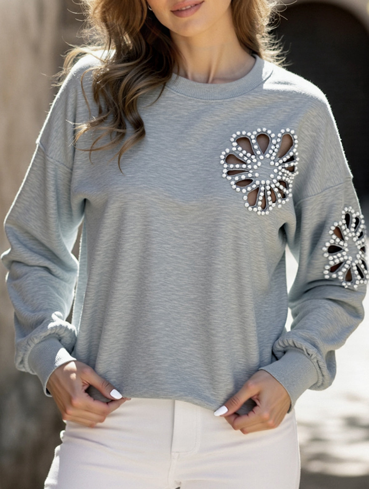 Hollow flower pattern round neck long sleeves