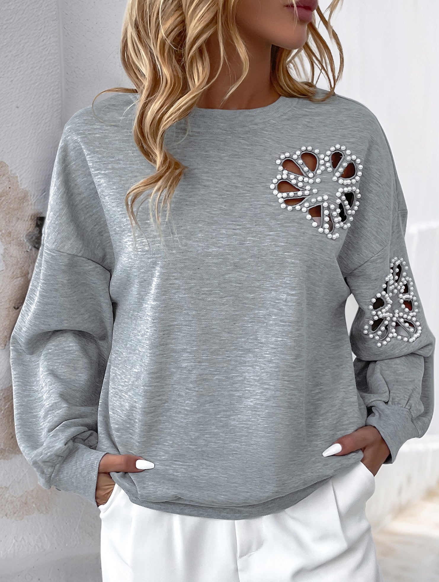Hollow flower pattern round neck long sleeves
