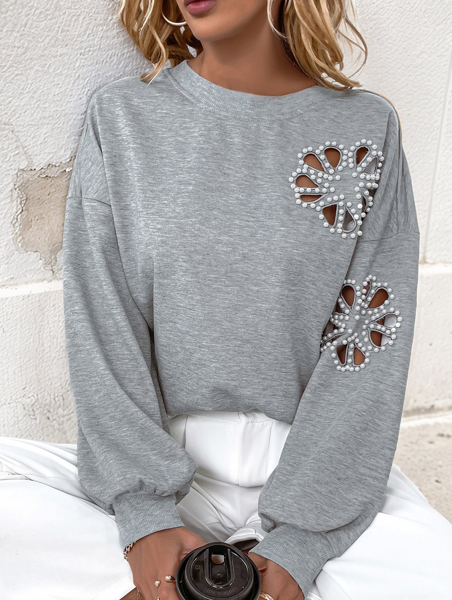 Hollow flower pattern round neck long sleeves