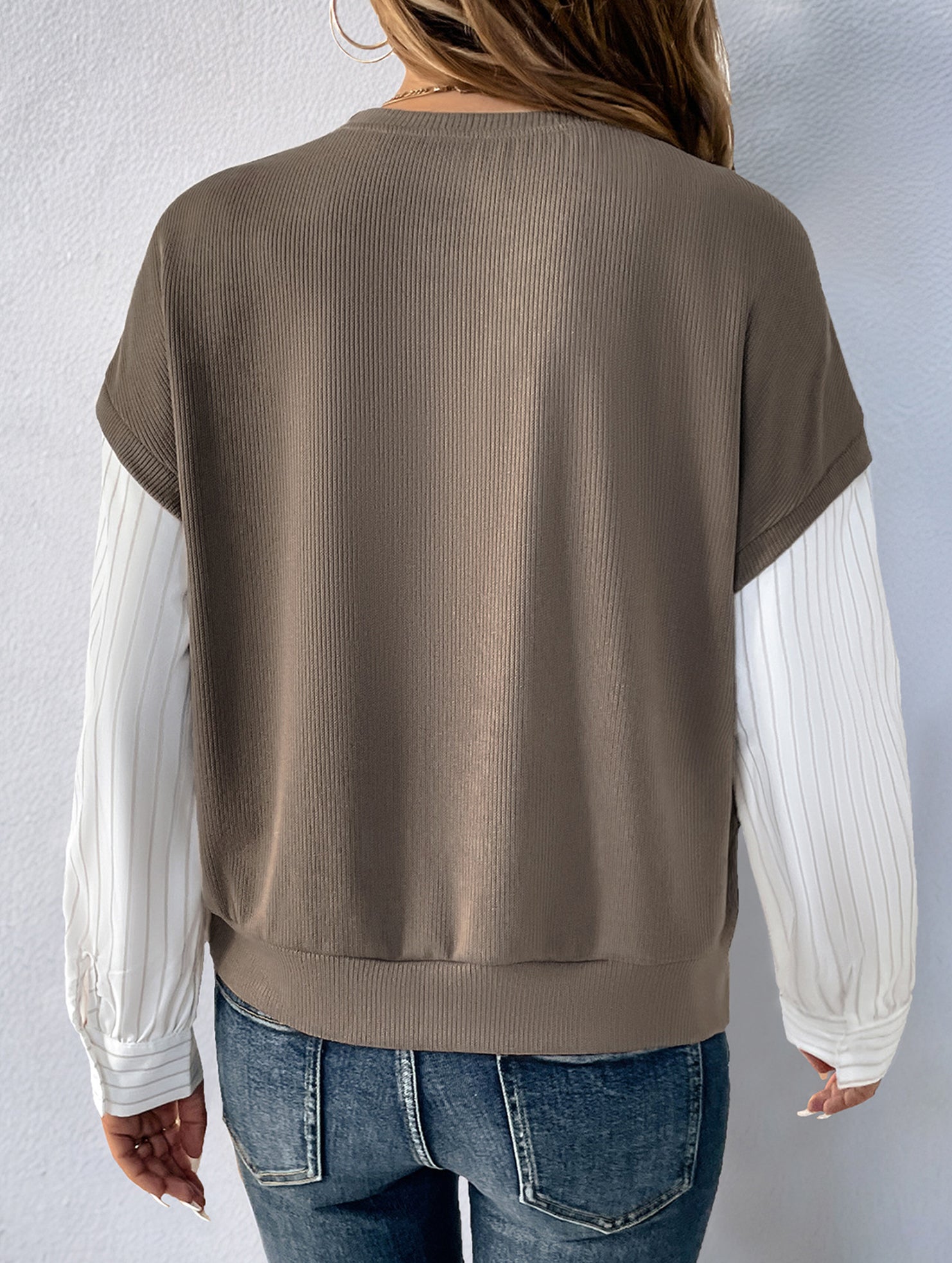 Long-sleeved striped two-piece crew neck sweatshirt