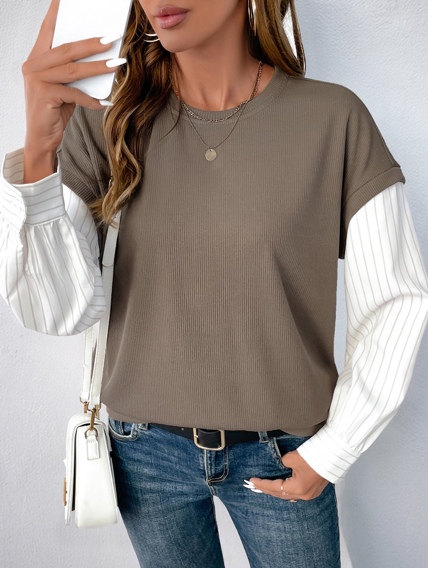 Long-sleeved striped two-piece crew neck sweatshirt