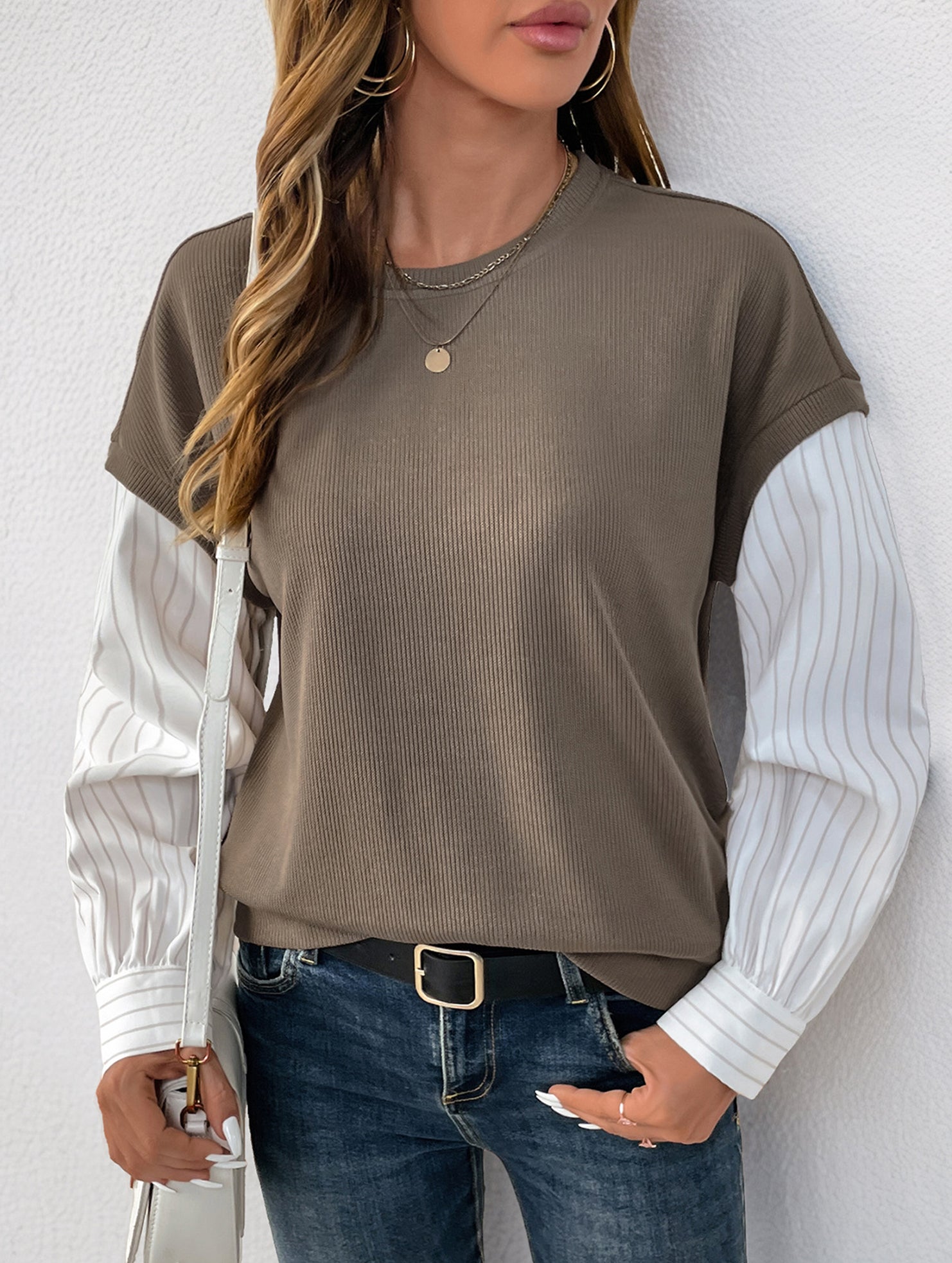 Long-sleeved striped two-piece crew neck sweatshirt