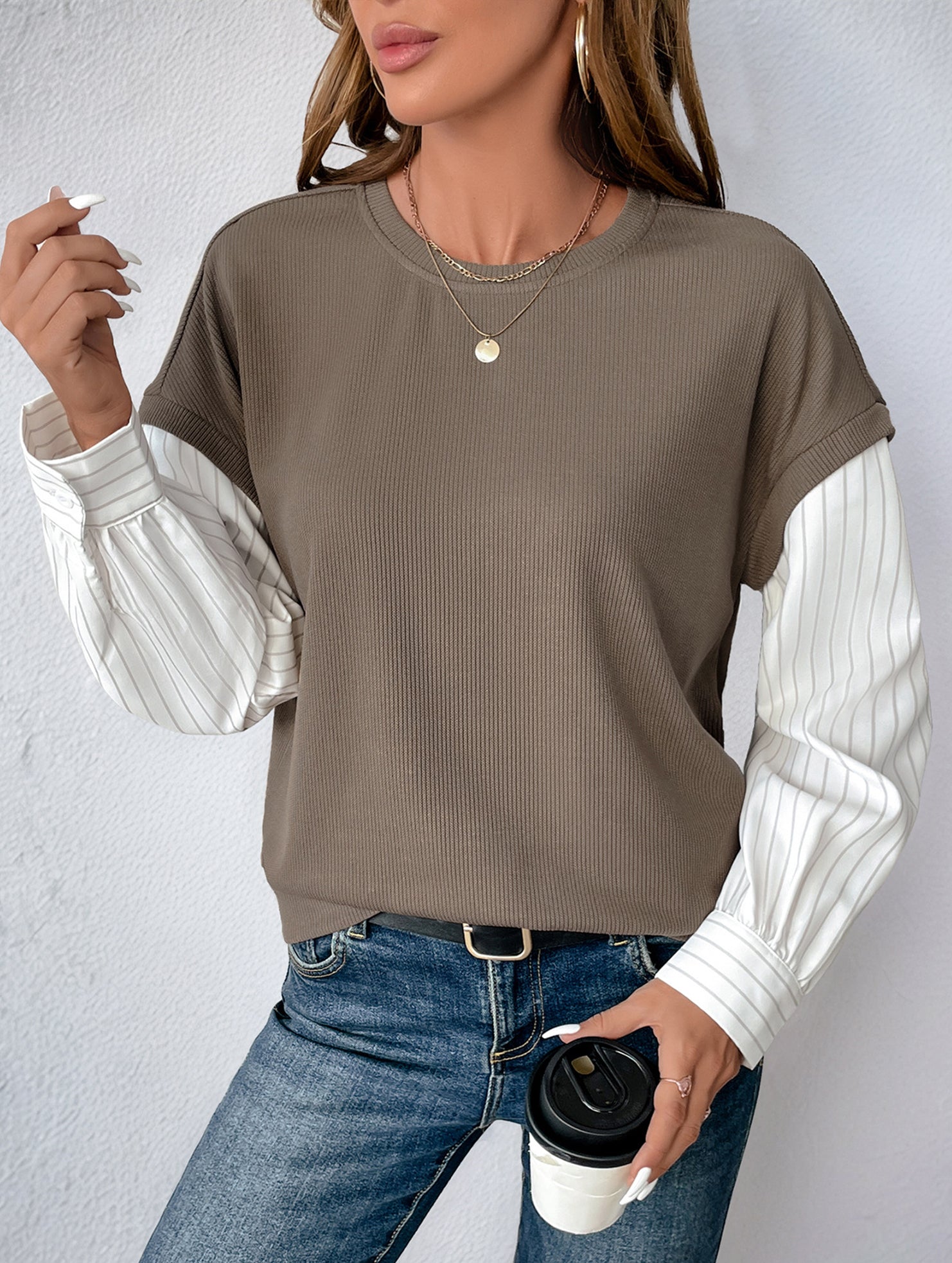Long-sleeved striped two-piece crew neck sweatshirt