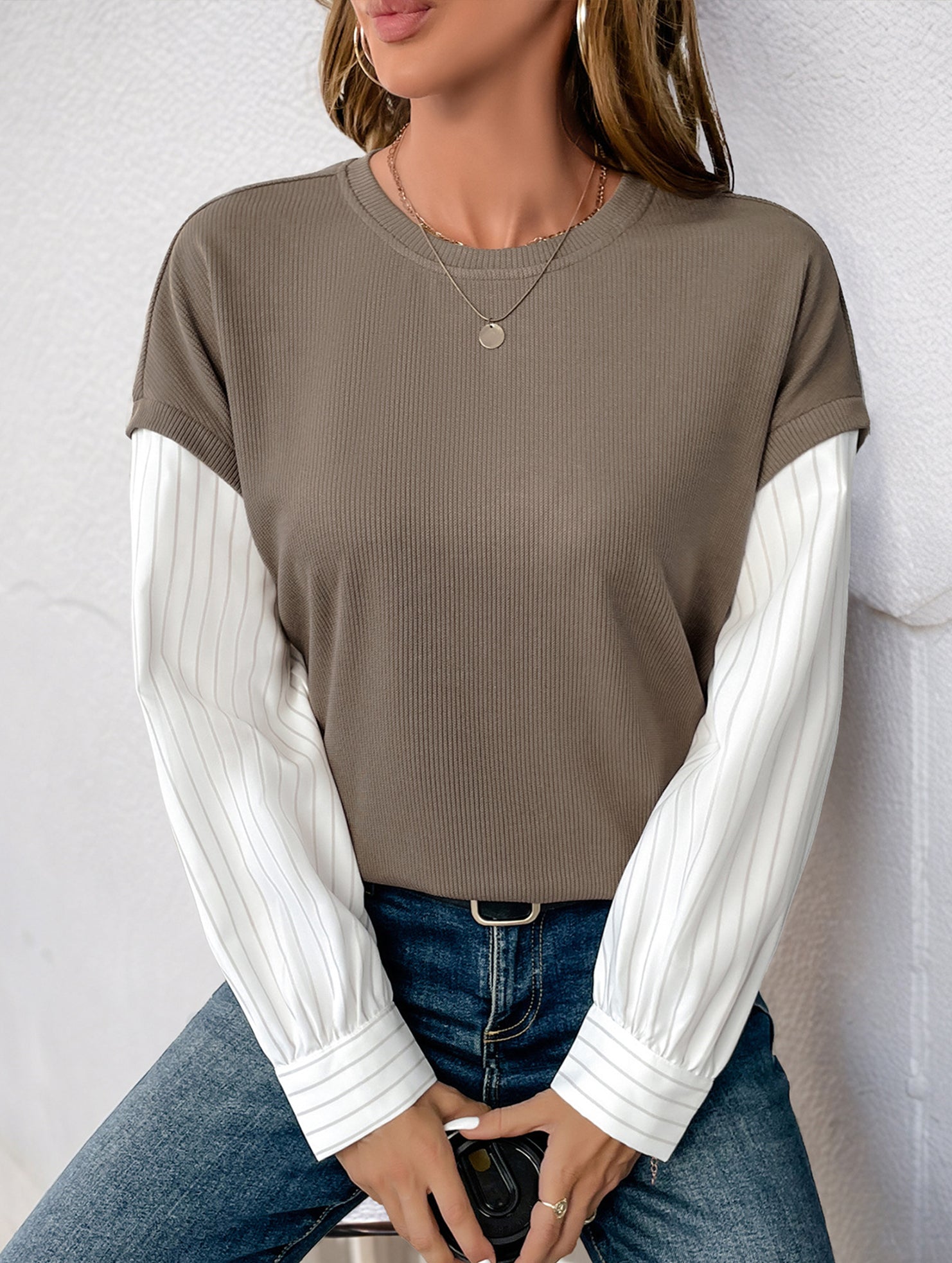 Long-sleeved striped two-piece crew neck sweatshirt