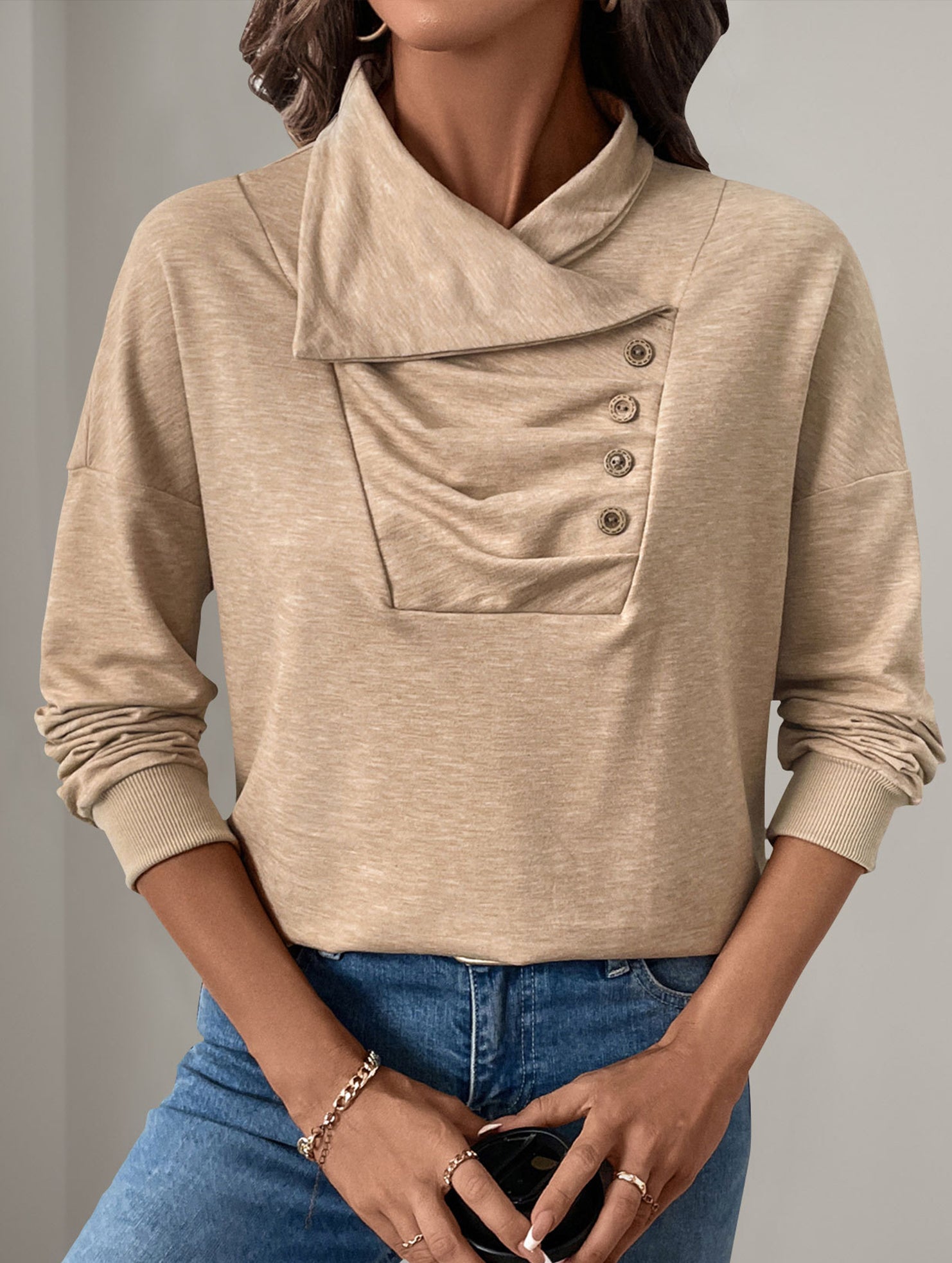 Irregular button stand collar solid color sweatshirt