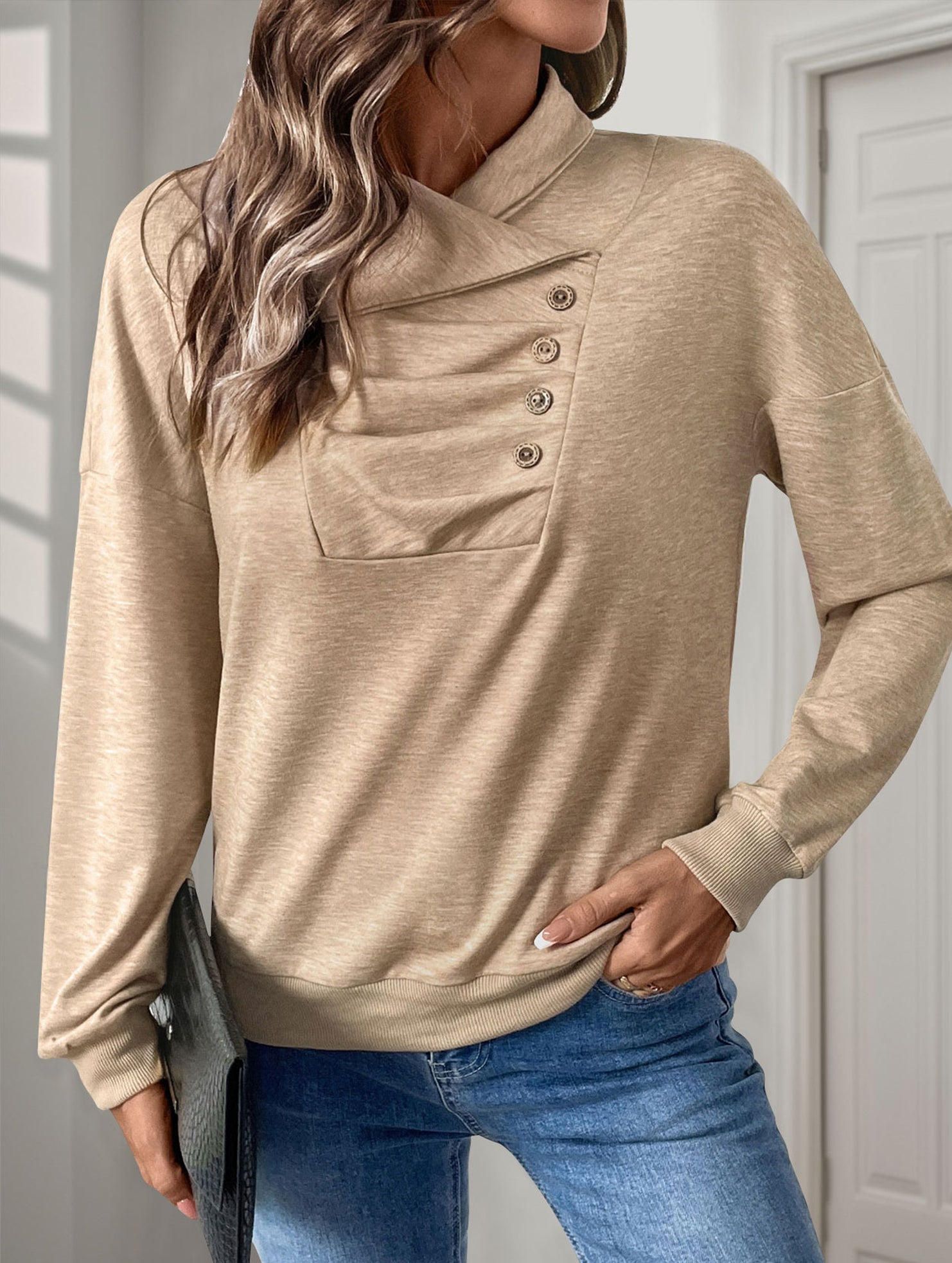 Irregular button stand collar solid color sweatshirt