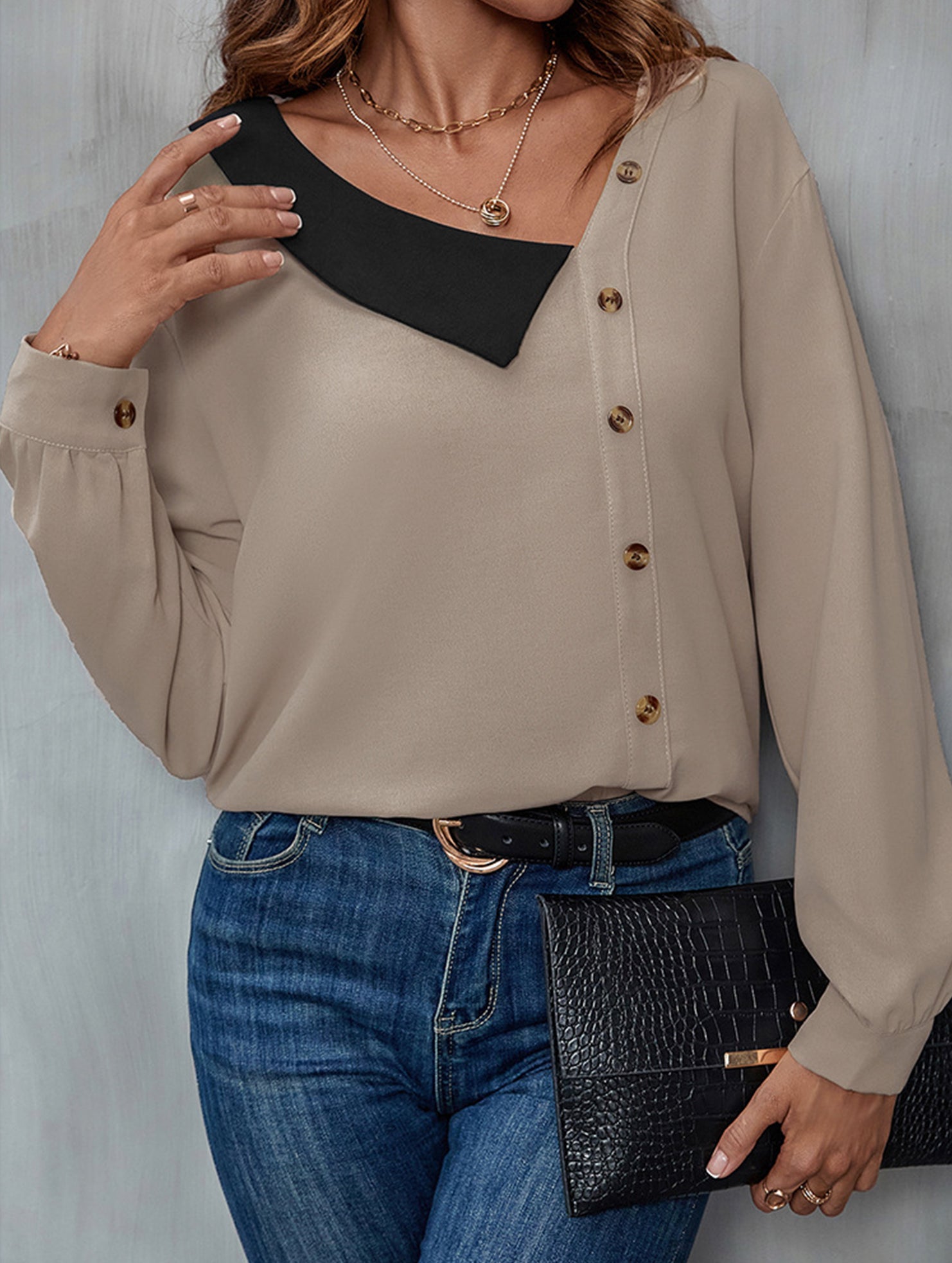 Simple colorblock v-neck long-sleeved shirt