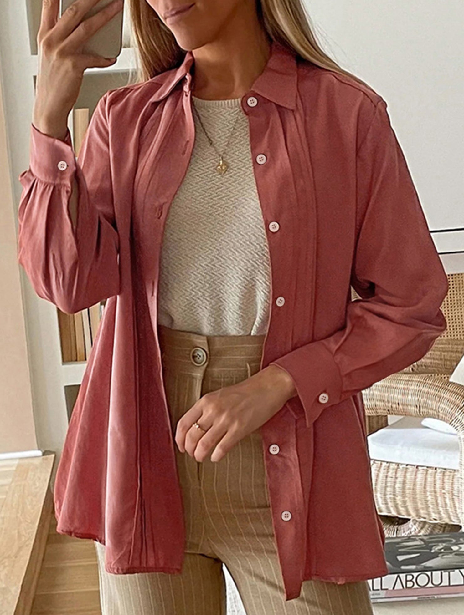 Pleated lapel long-sleeved cardigan