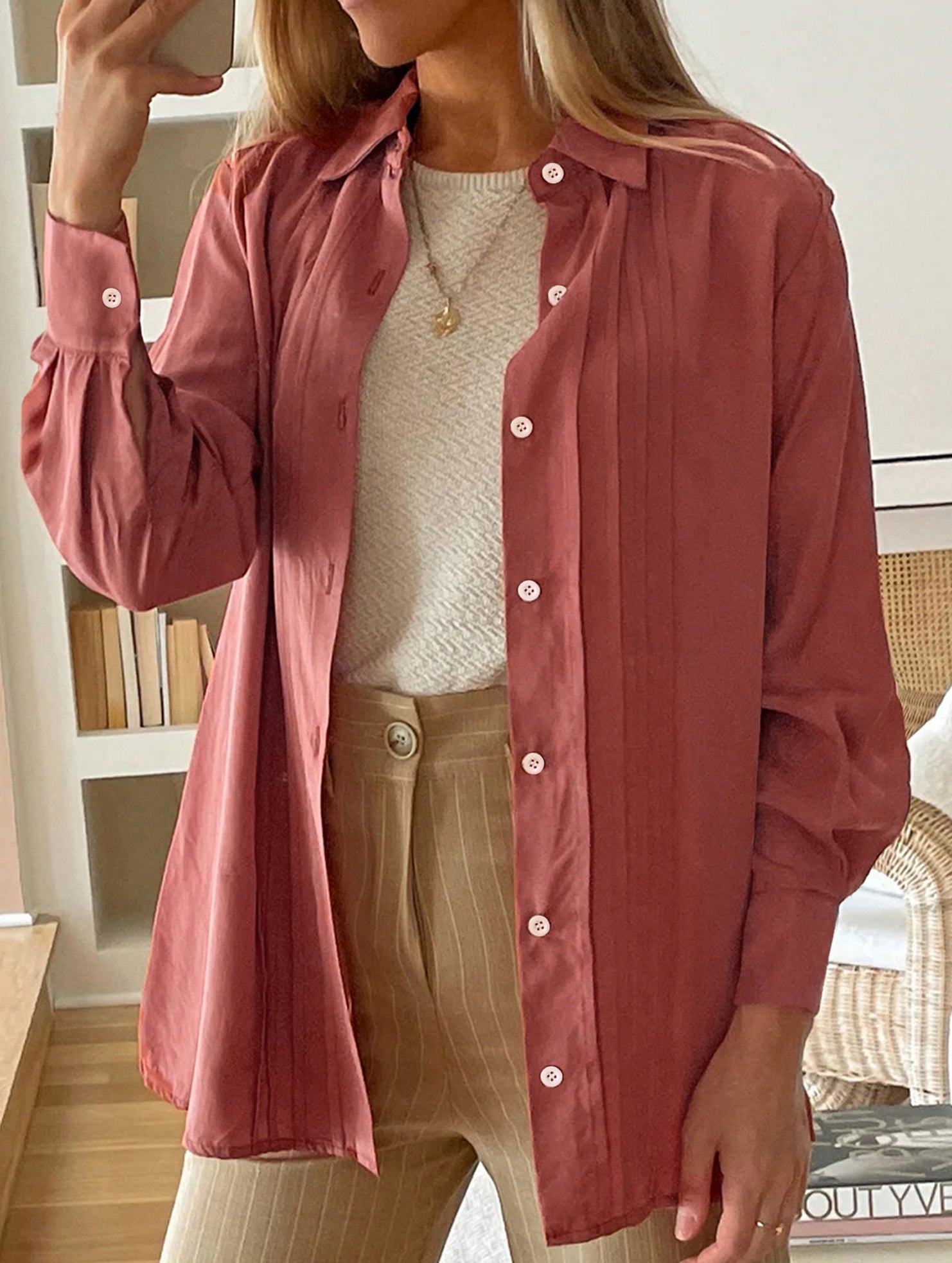 Pleated lapel long-sleeved cardigan